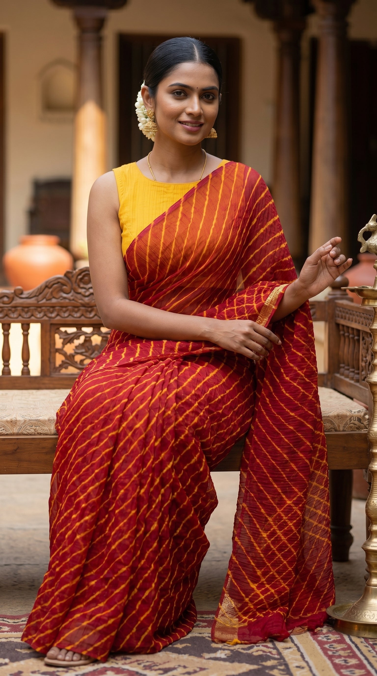 Crimson Red Leheriya Chiffon Saree