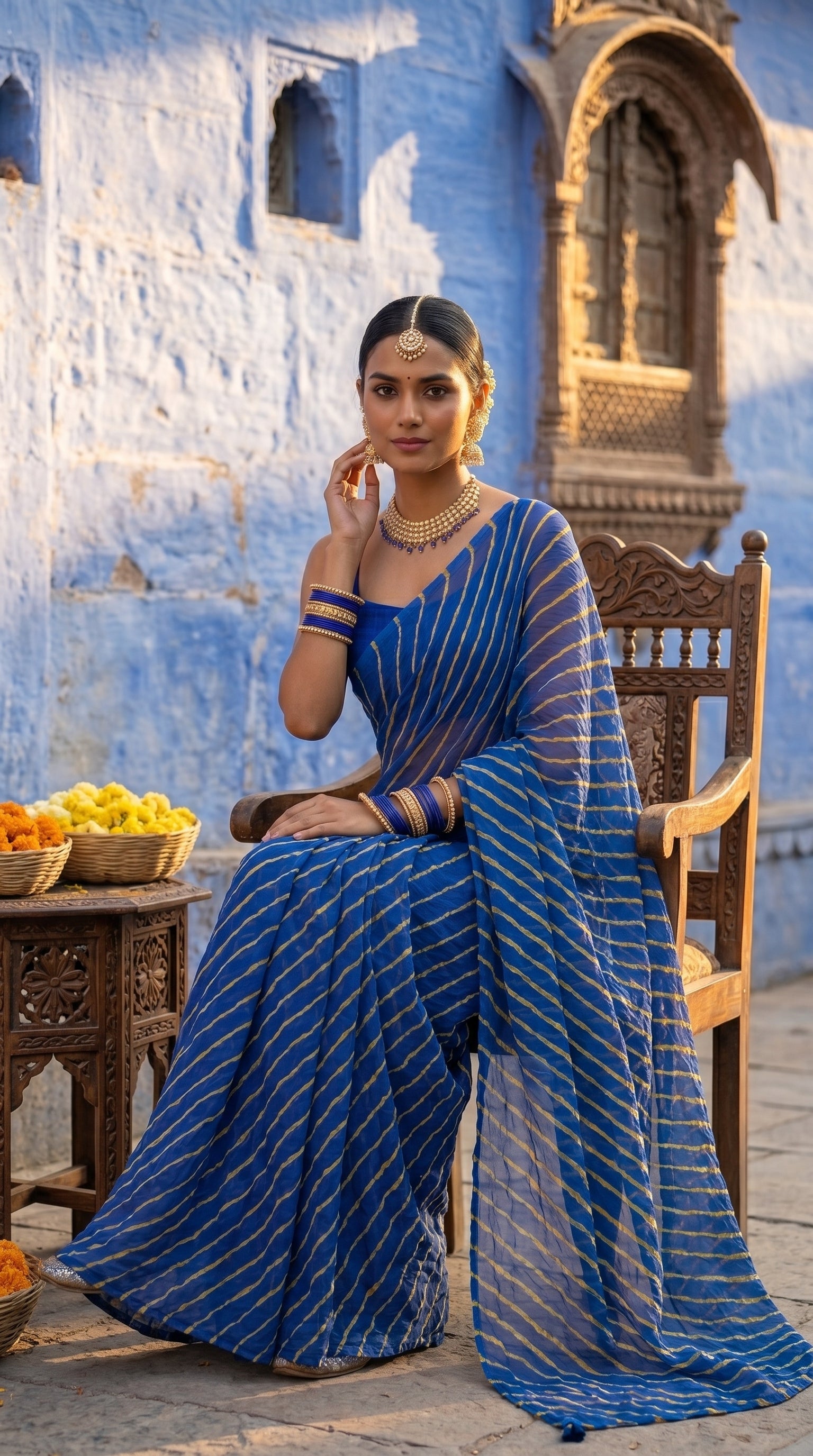 Royal Blue & Yellow Leheriya Chiffon Saree