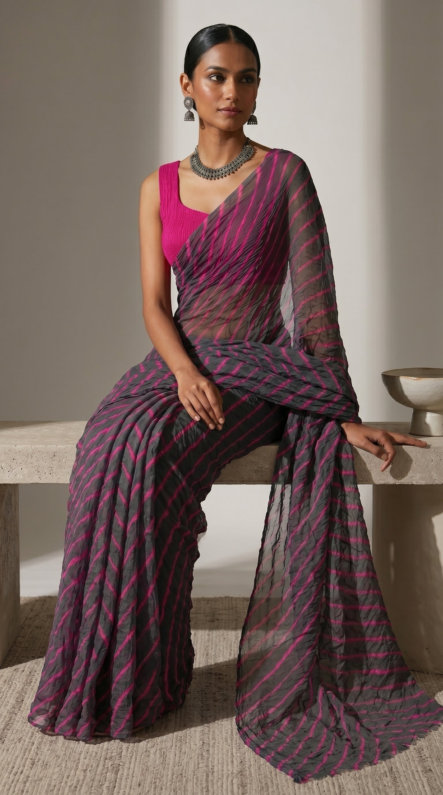 Charcoal Grey & Pink Leheriya Chiffon Saree