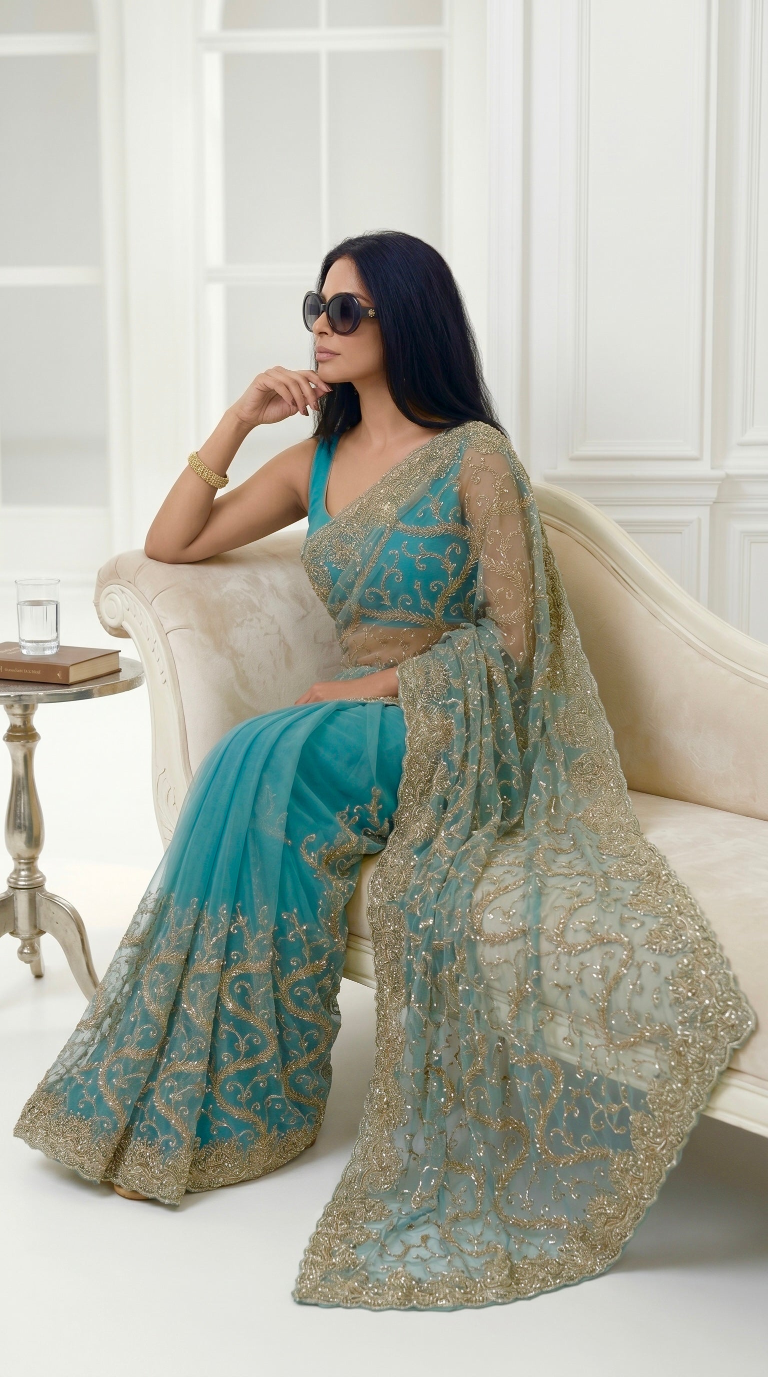 Teal Blue Gold Threadwork Net Saree