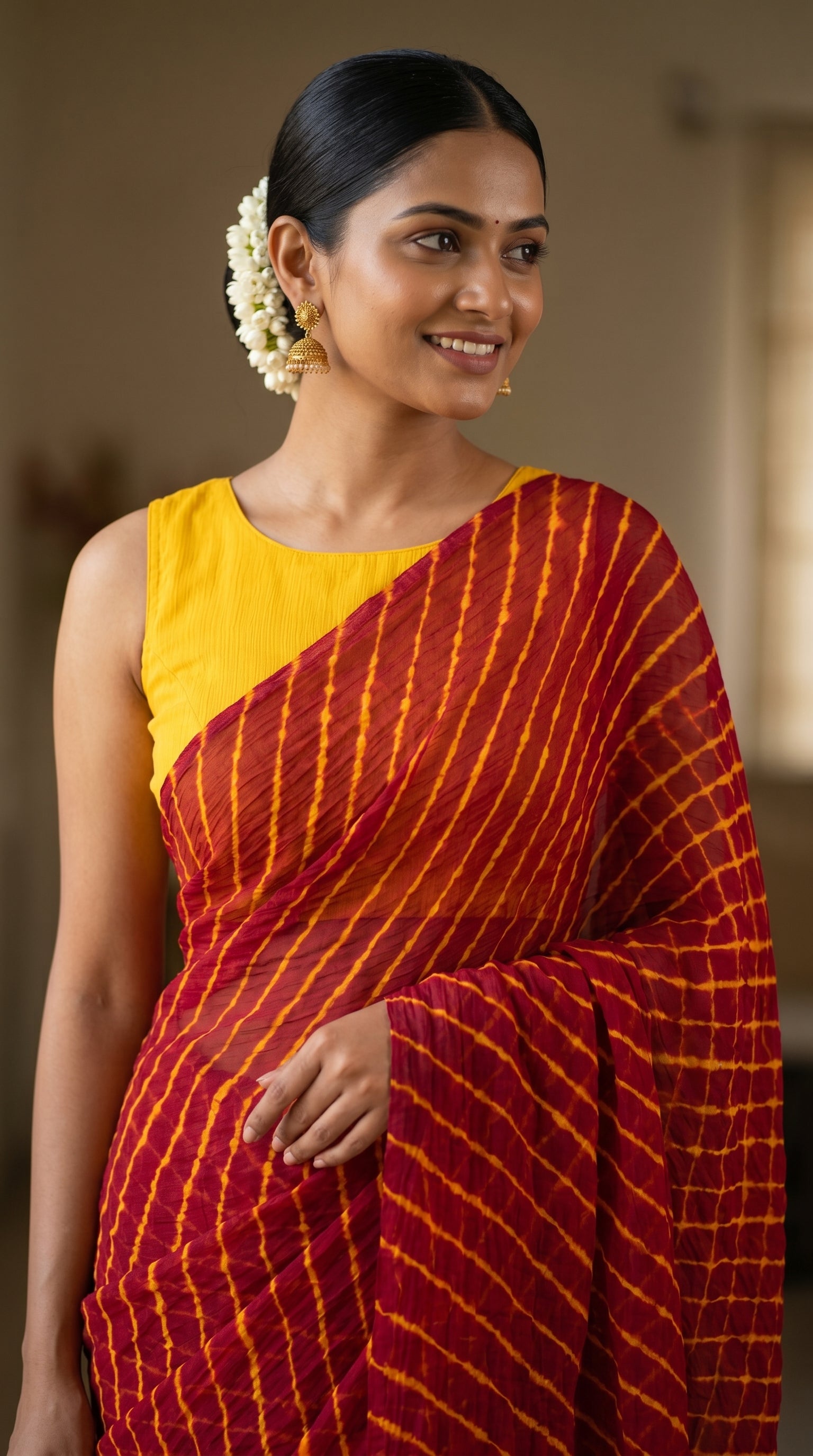 Maroon & Mustard Leheriya Chiffon Saree