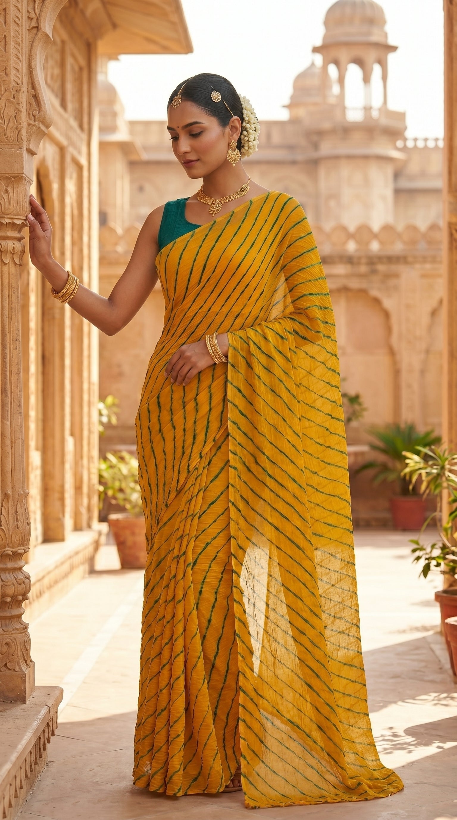 Marigold Yellow & Green Leheriya Chiffon Saree