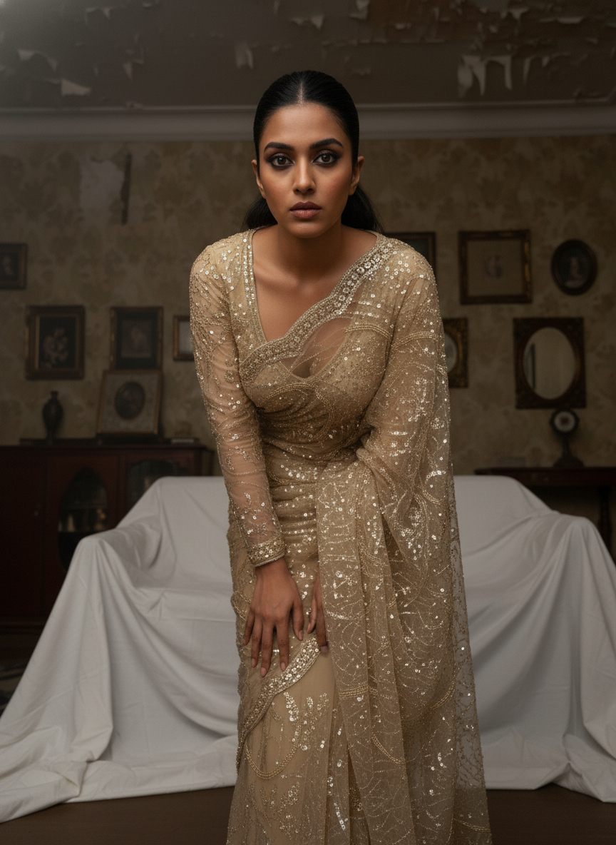 Champagne Gold Heavy Sequin Net Saree