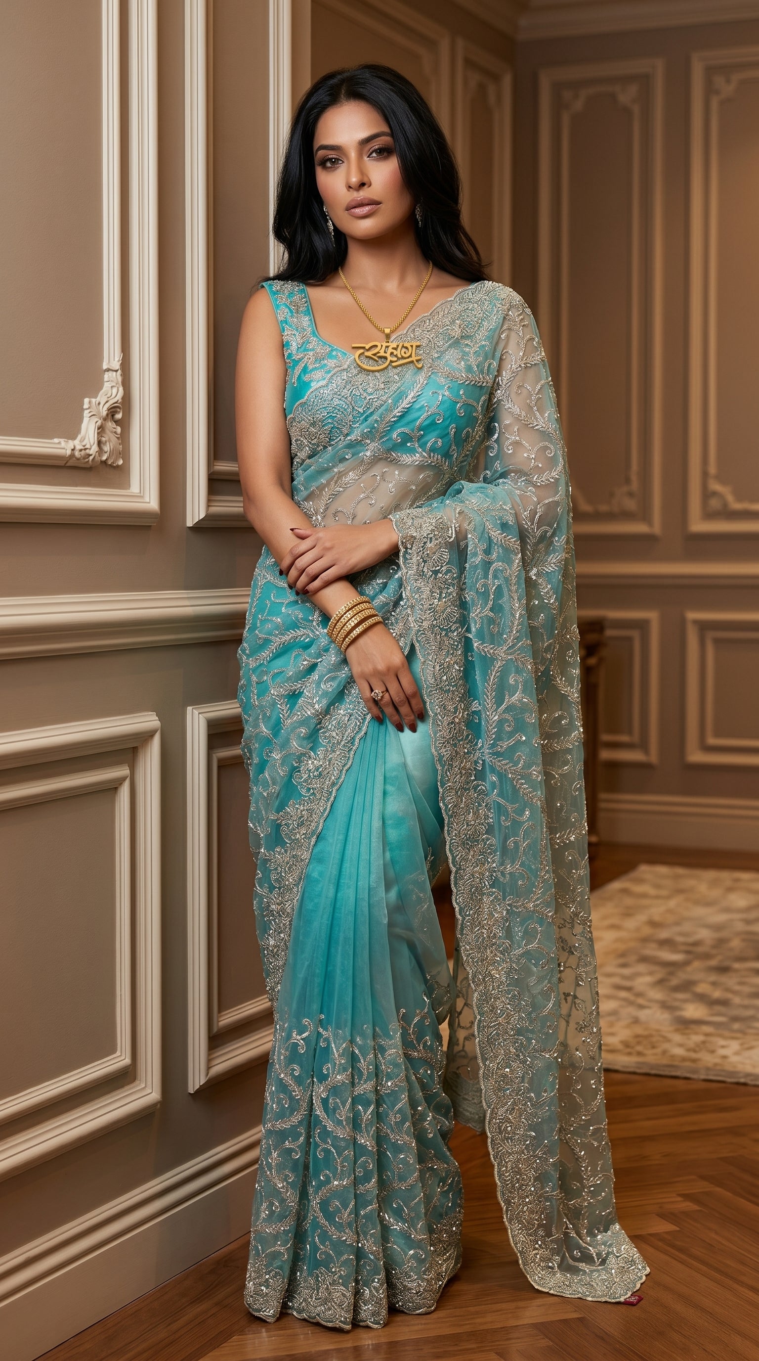 Teal Blue Gold Threadwork Net Saree