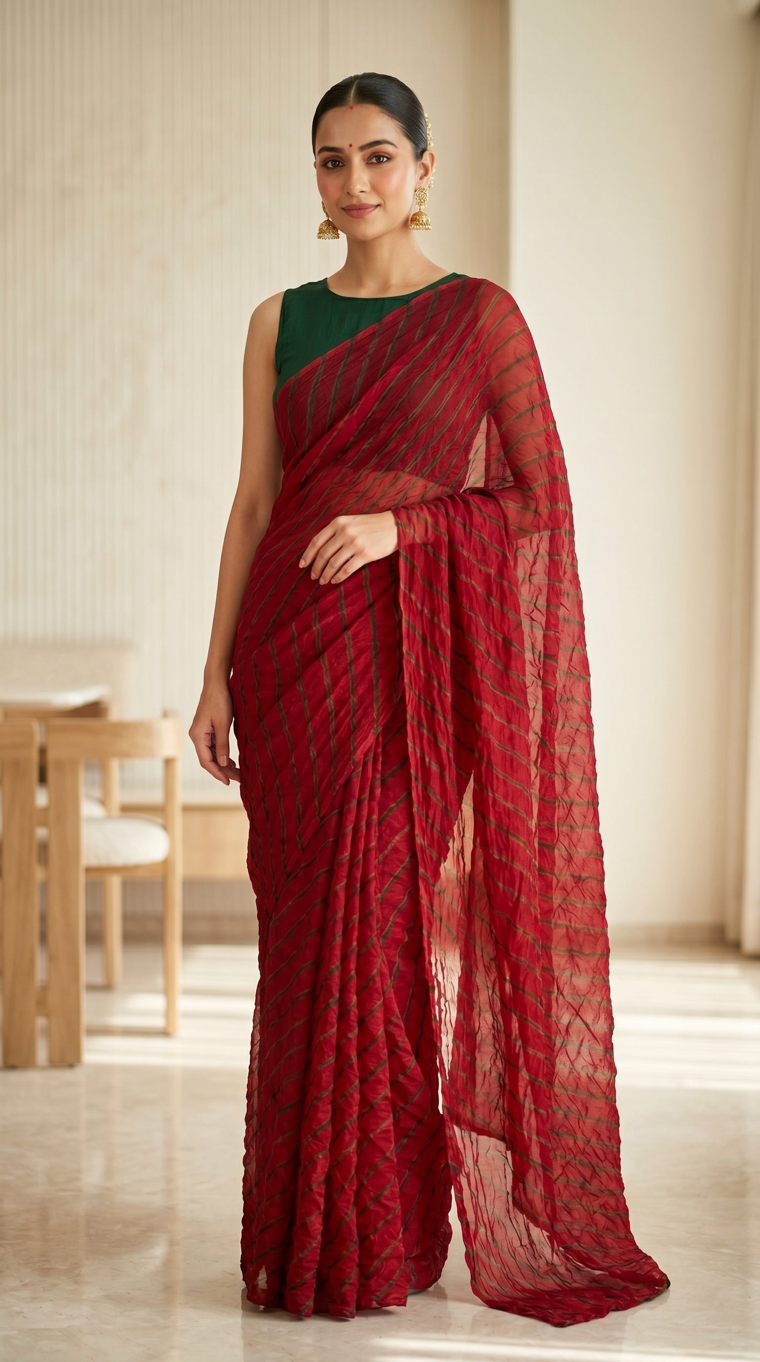 Crimson Red Leheriya Chiffon Saree