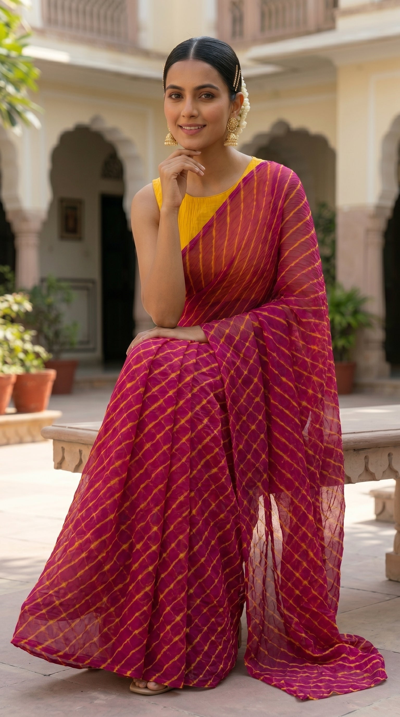 Rani Pink & Yellow Leheriya Chiffon Saree