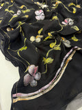 Pure Chiffon Hand Painted Saree – Midnight Black with Floral Vine Embroidery