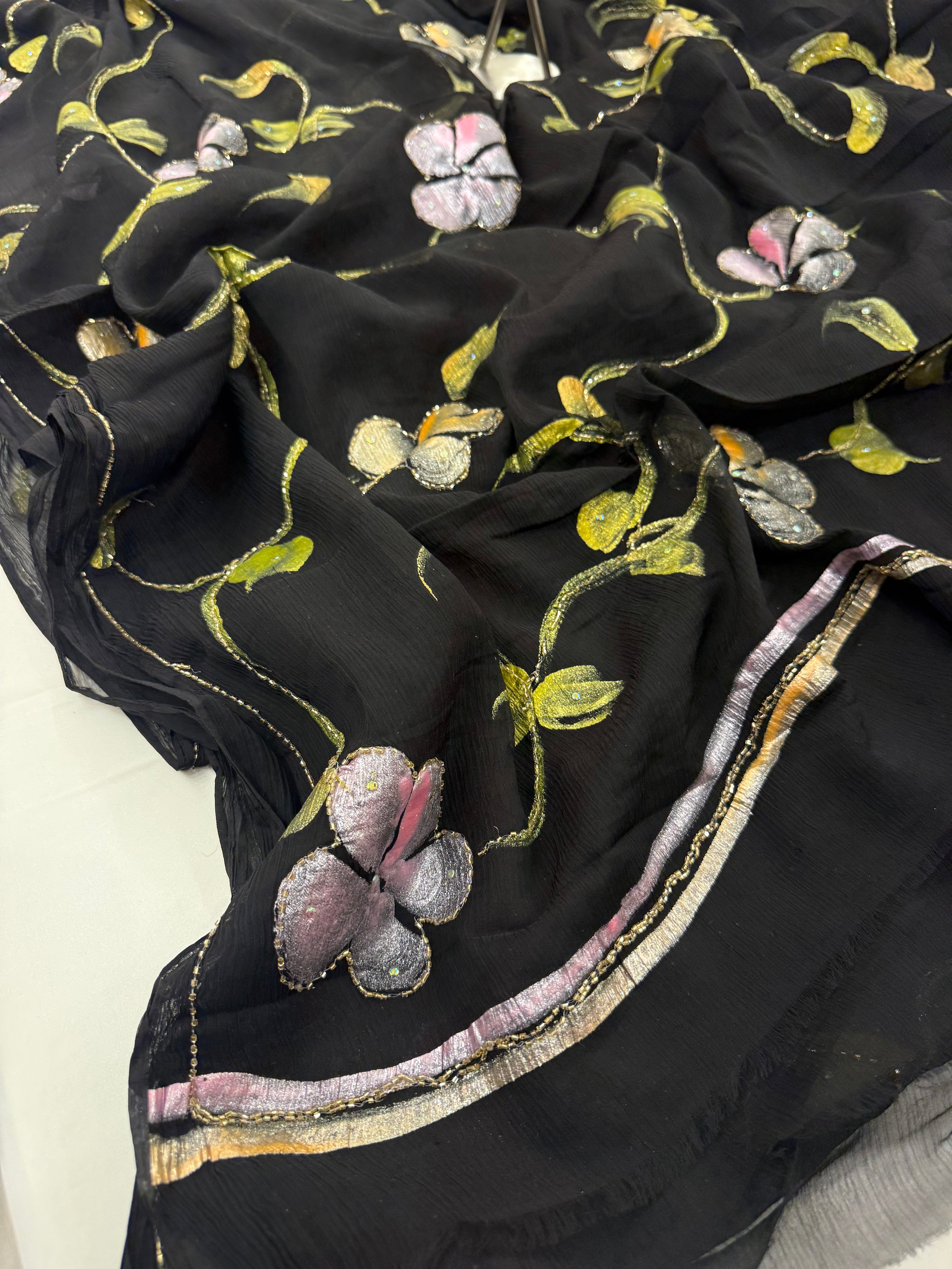 Pure Chiffon Hand Painted Saree – Midnight Black with Floral Vine Embroidery