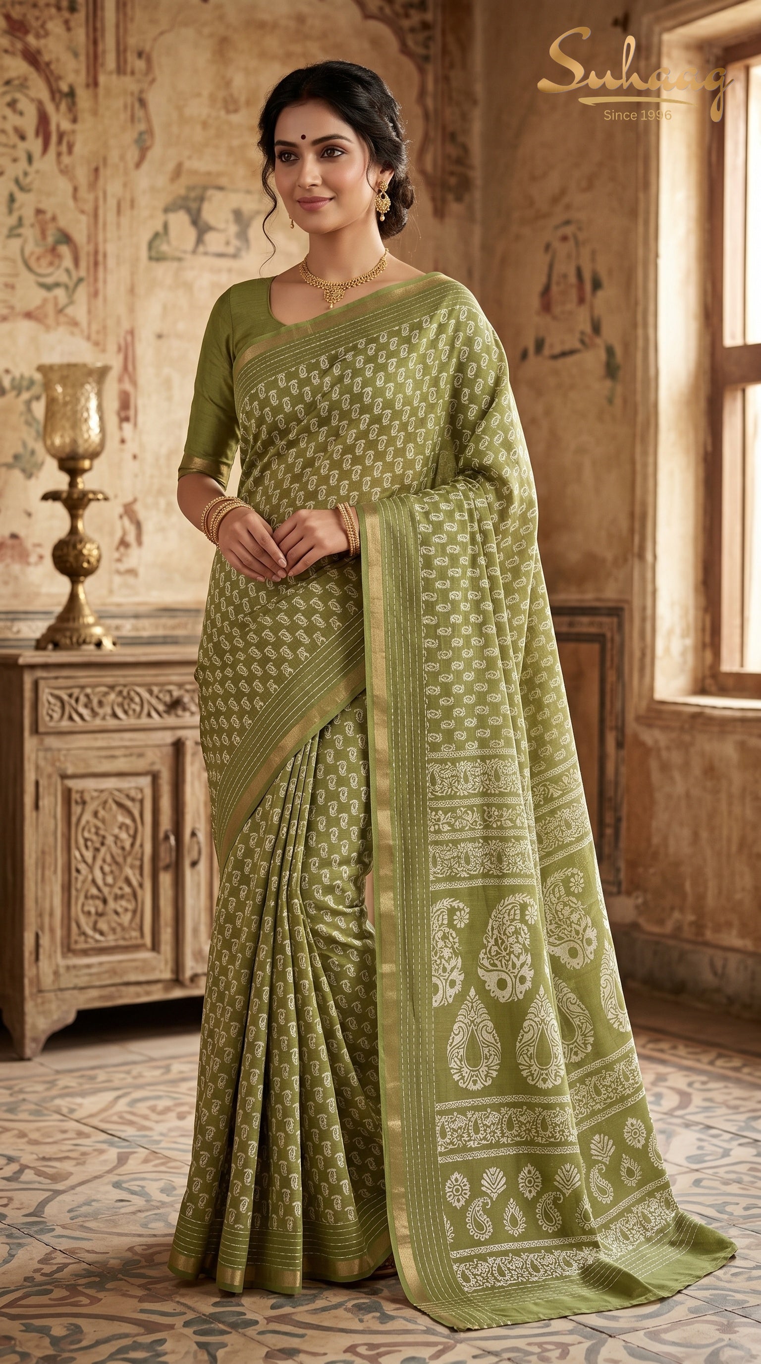 Olive Green Paisley Print Pure Cotton Saree with Gold Zari Border | Suhaag