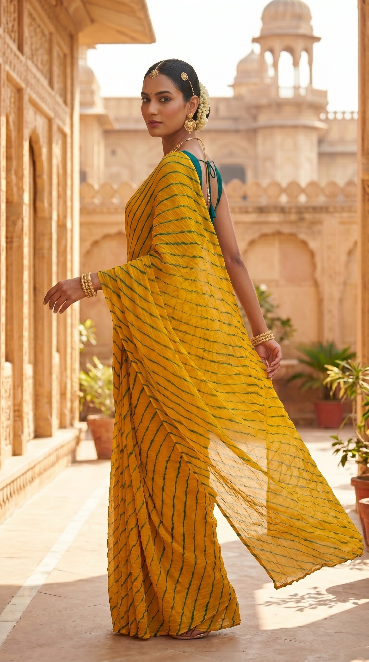 Marigold Yellow & Green Leheriya Chiffon Saree