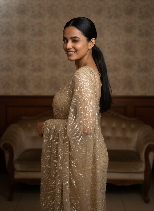 Champagne Gold Heavy Sequin Net Saree