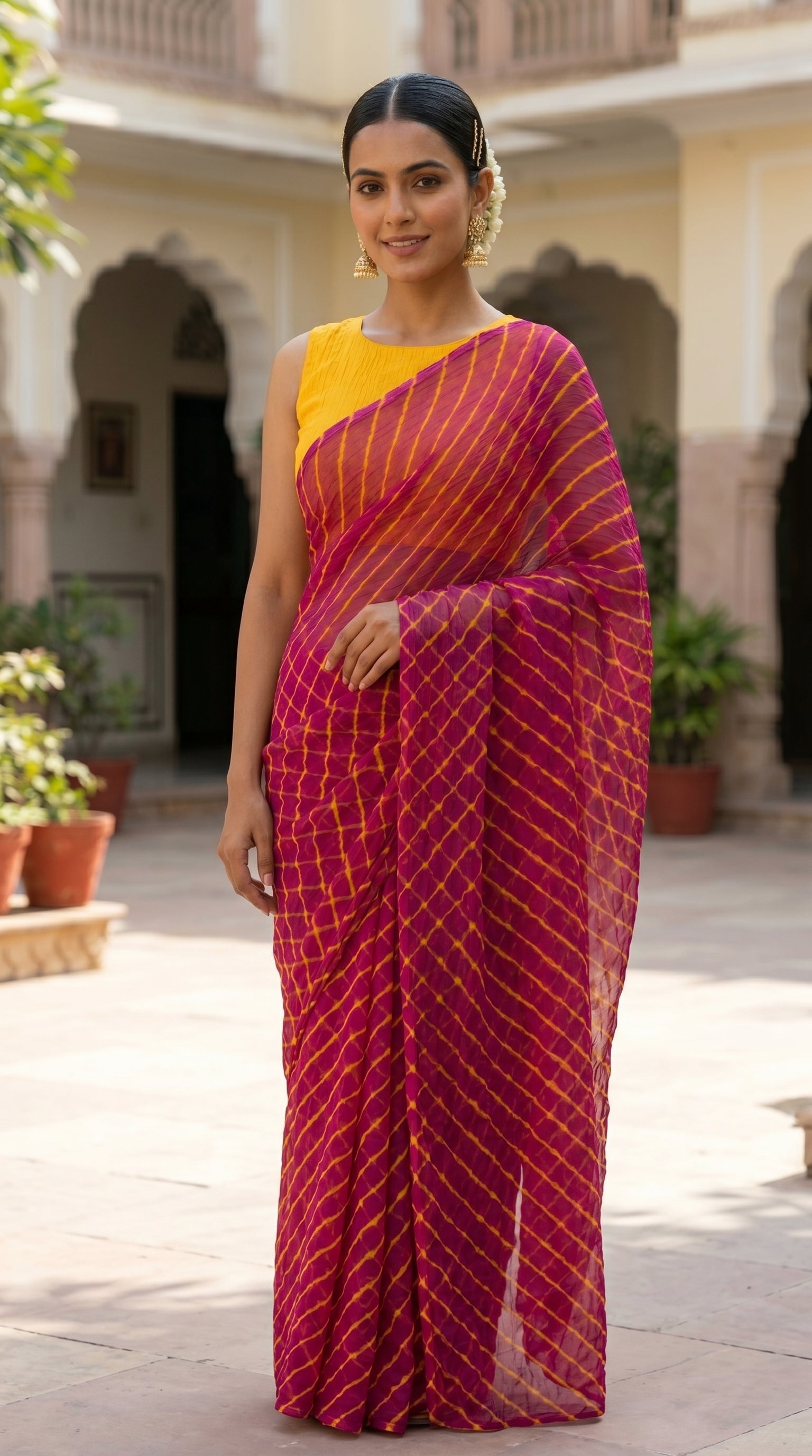 Rani Pink & Yellow Leheriya Chiffon Saree