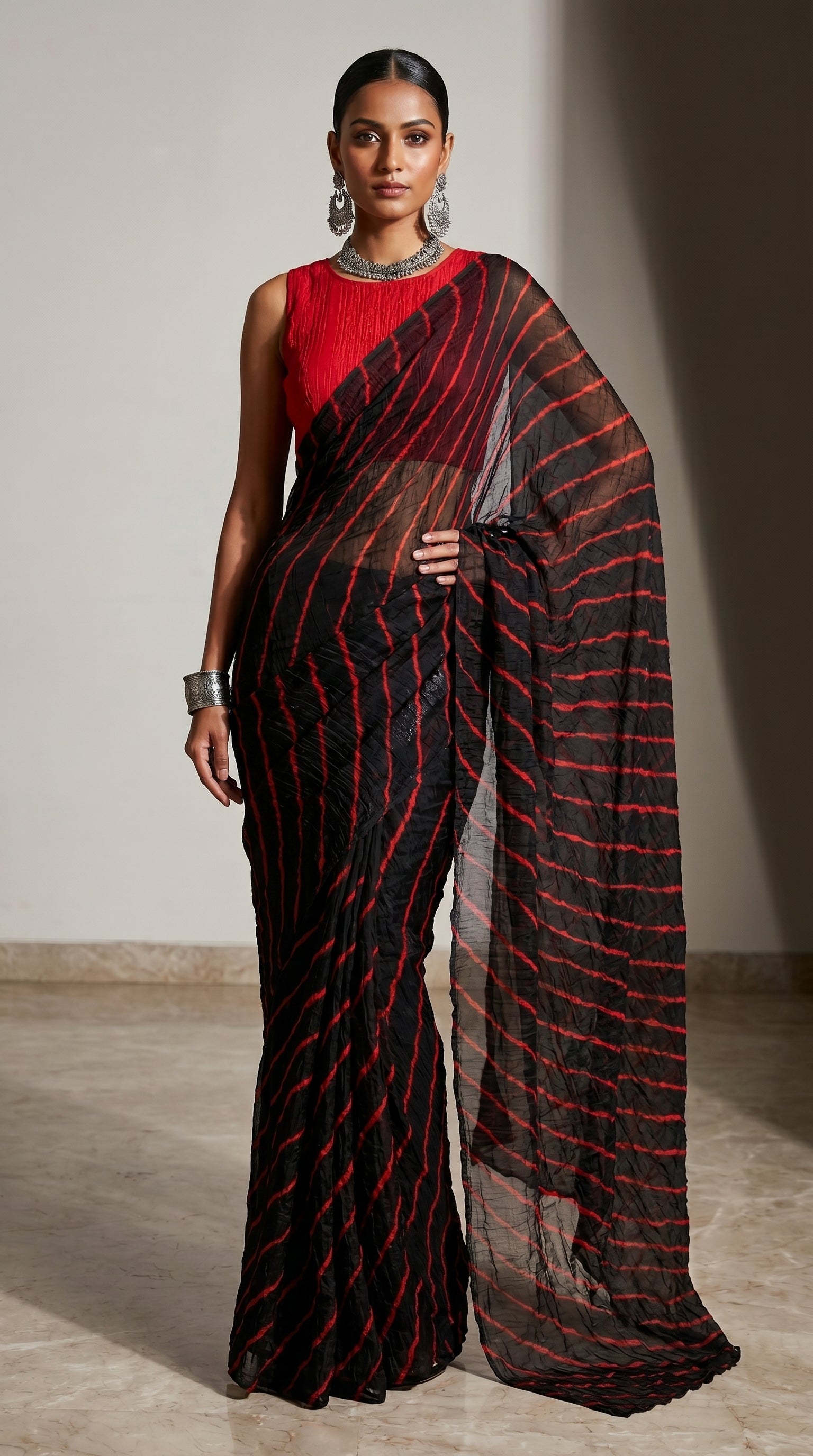 Black & Red Leheriya Chiffon Saree