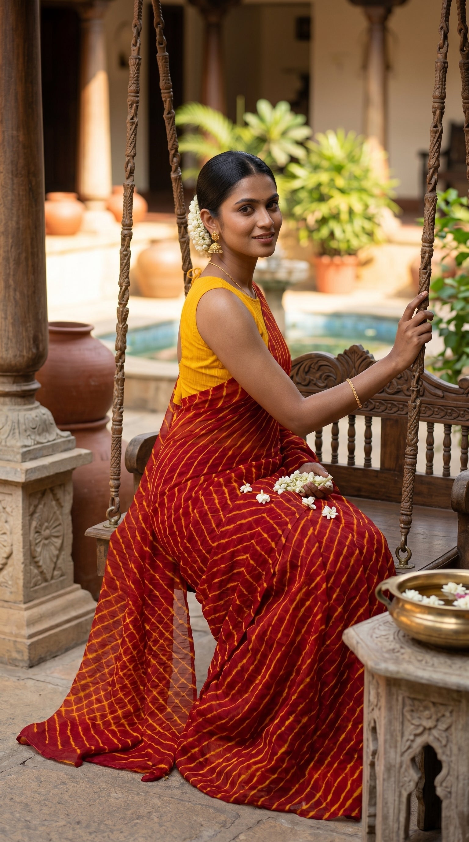 Crimson Red Leheriya Chiffon Saree