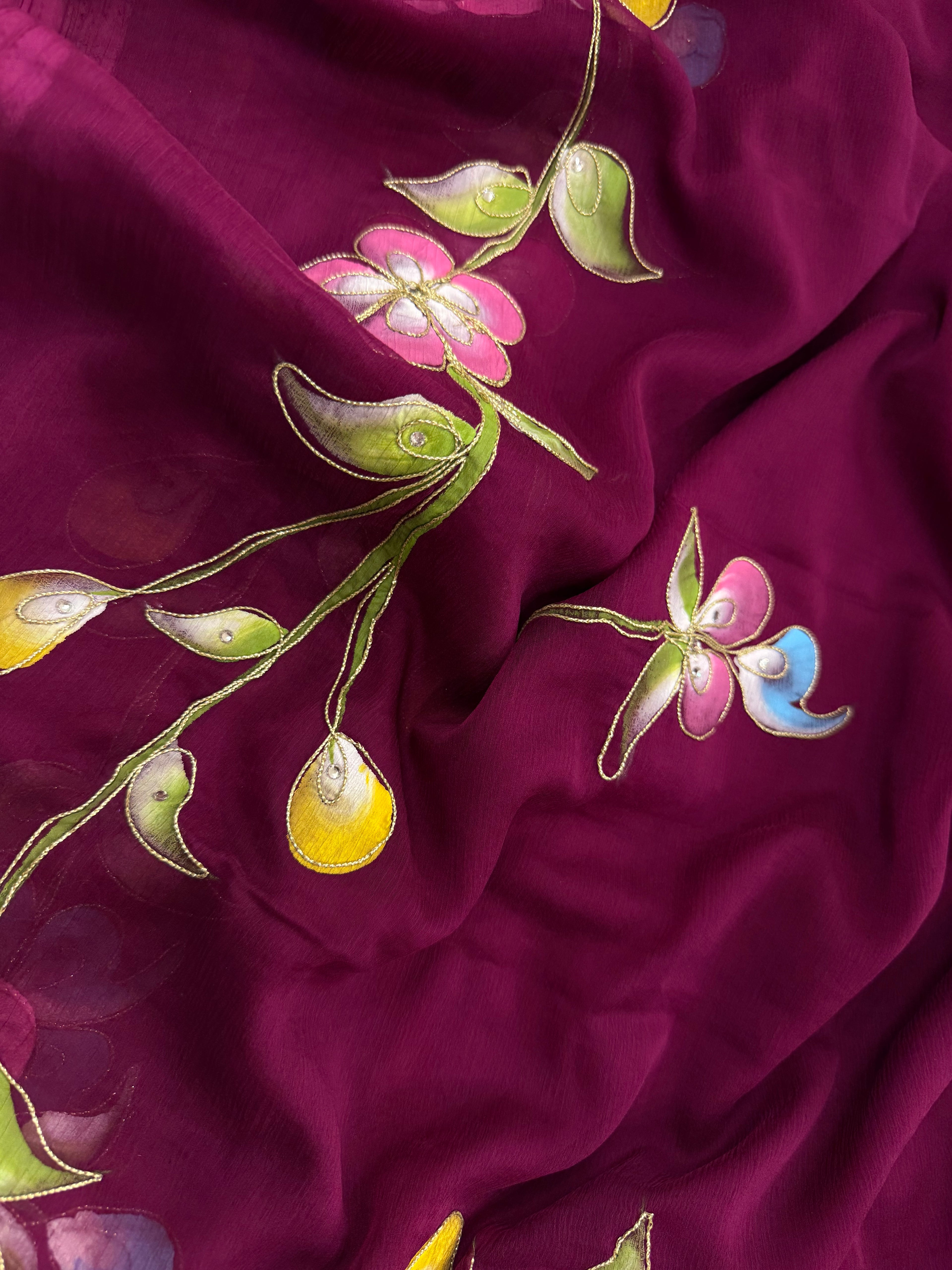 Pure Chiffon Hand Painted Saree – Wine Purple with Multicolour Florals