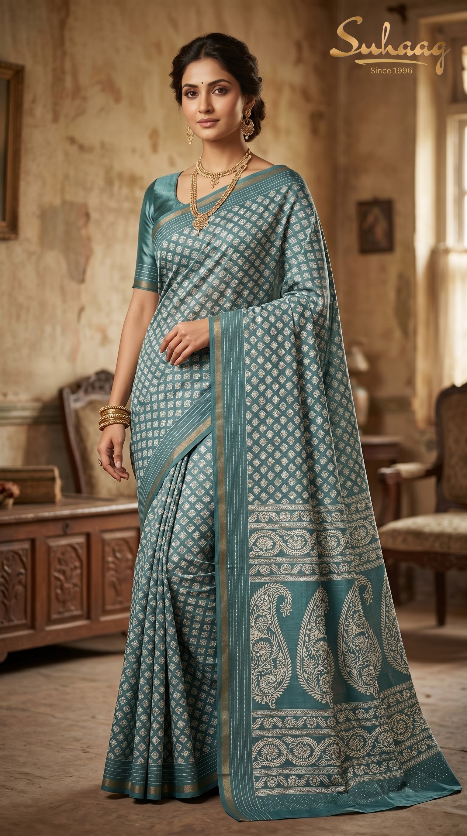 Teal Blue Geometric Buti Pure Cotton Saree with Paisley Pallu | Suhaag