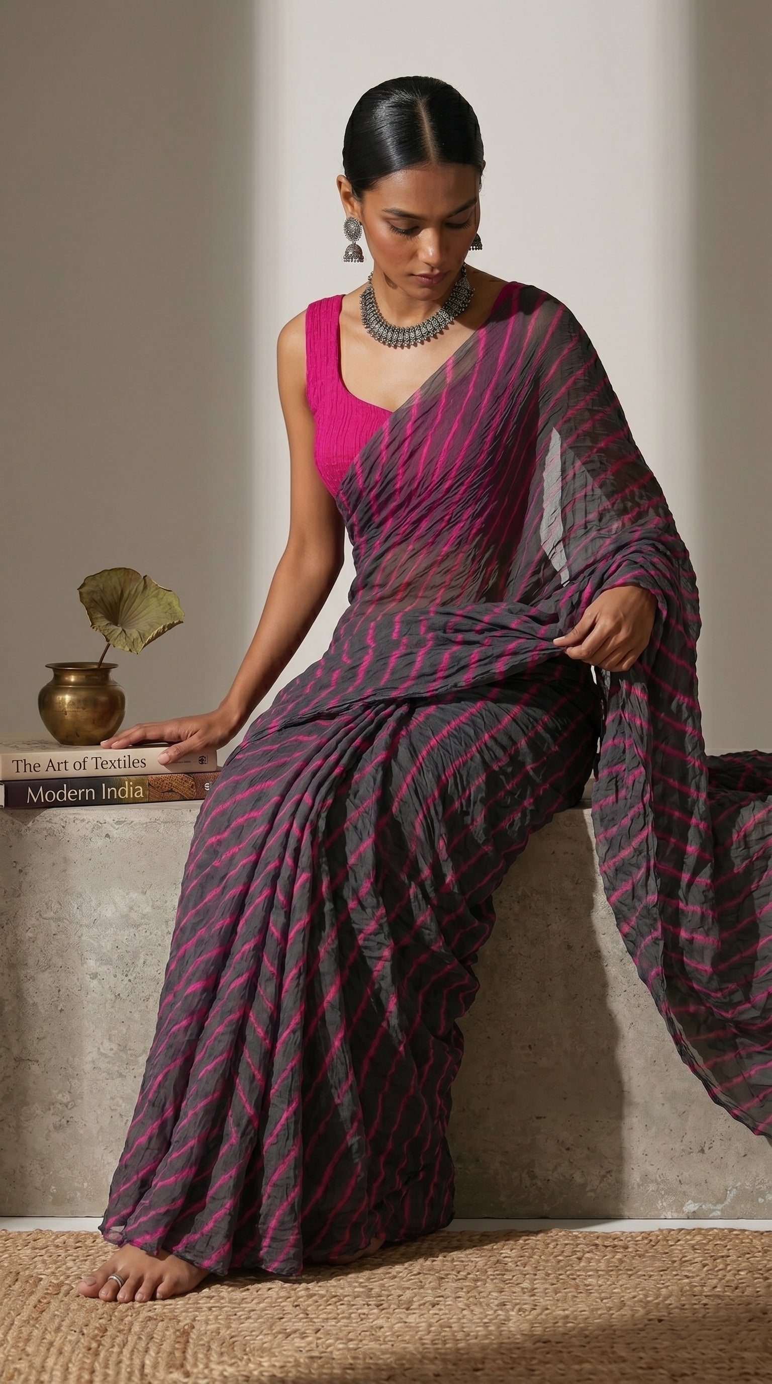 Charcoal Grey & Pink Leheriya Chiffon Saree