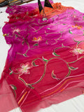 Pure Chiffon Hand Painted Saree | Magenta to Red Ombre Floral Embroidery