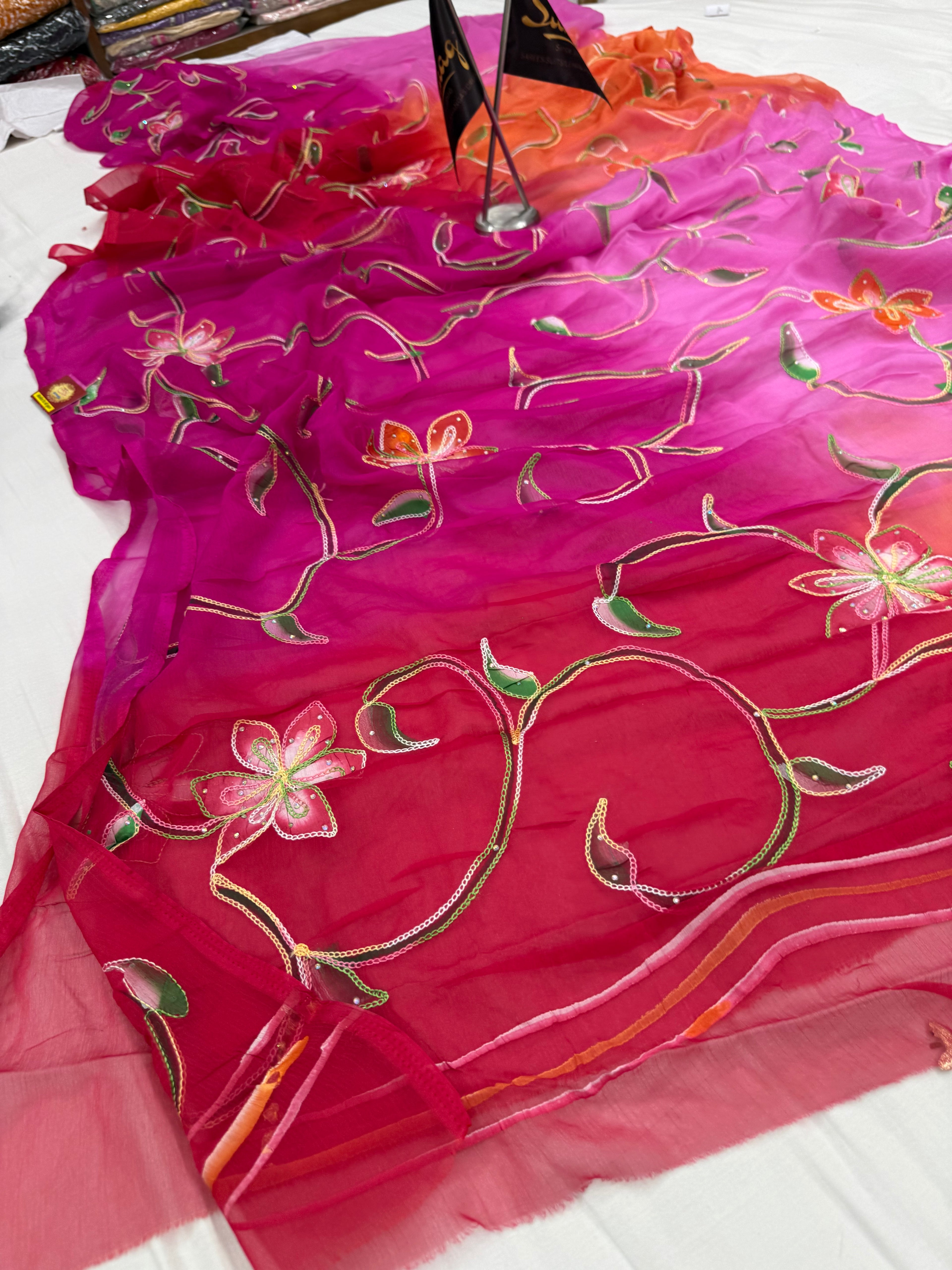 Pure Chiffon Hand Painted Saree | Magenta to Red Ombre Floral Embroidery