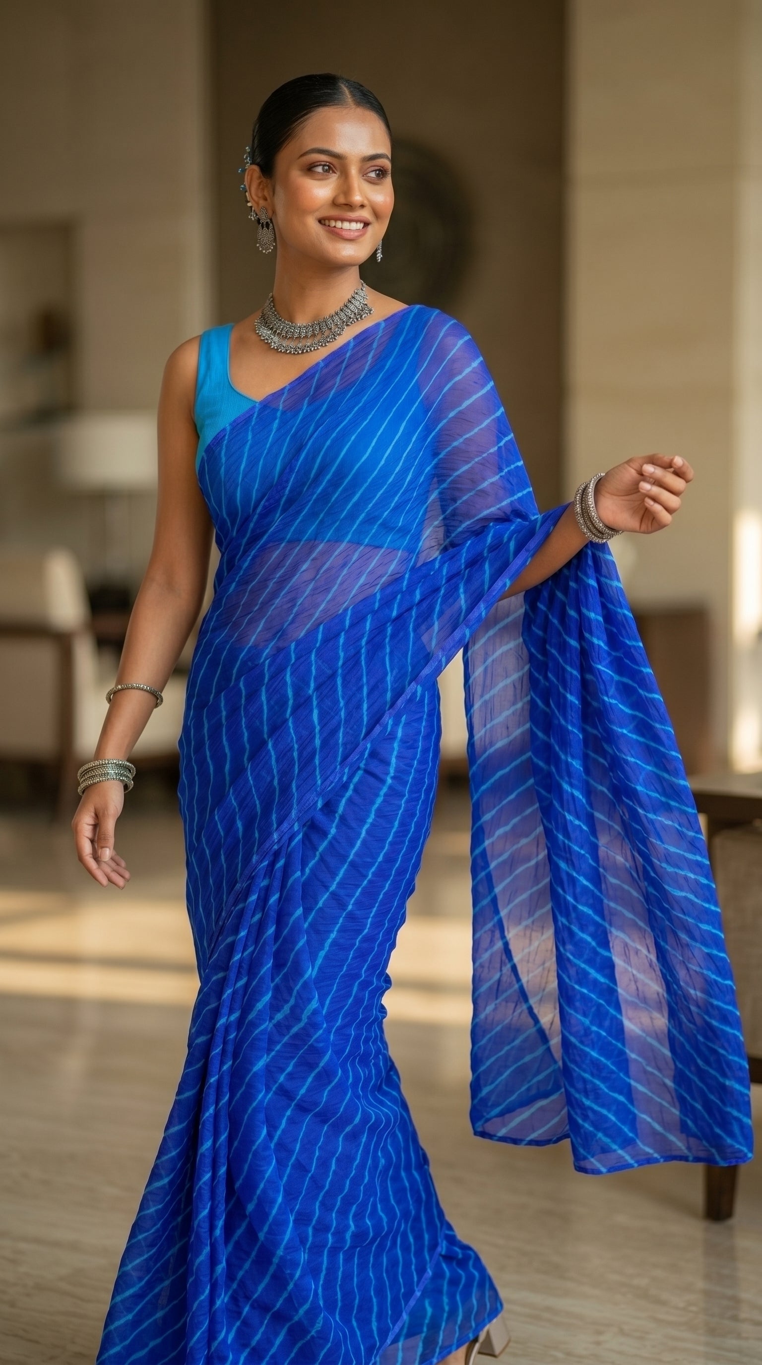 Sapphire Blue Leheriya Chiffon Saree