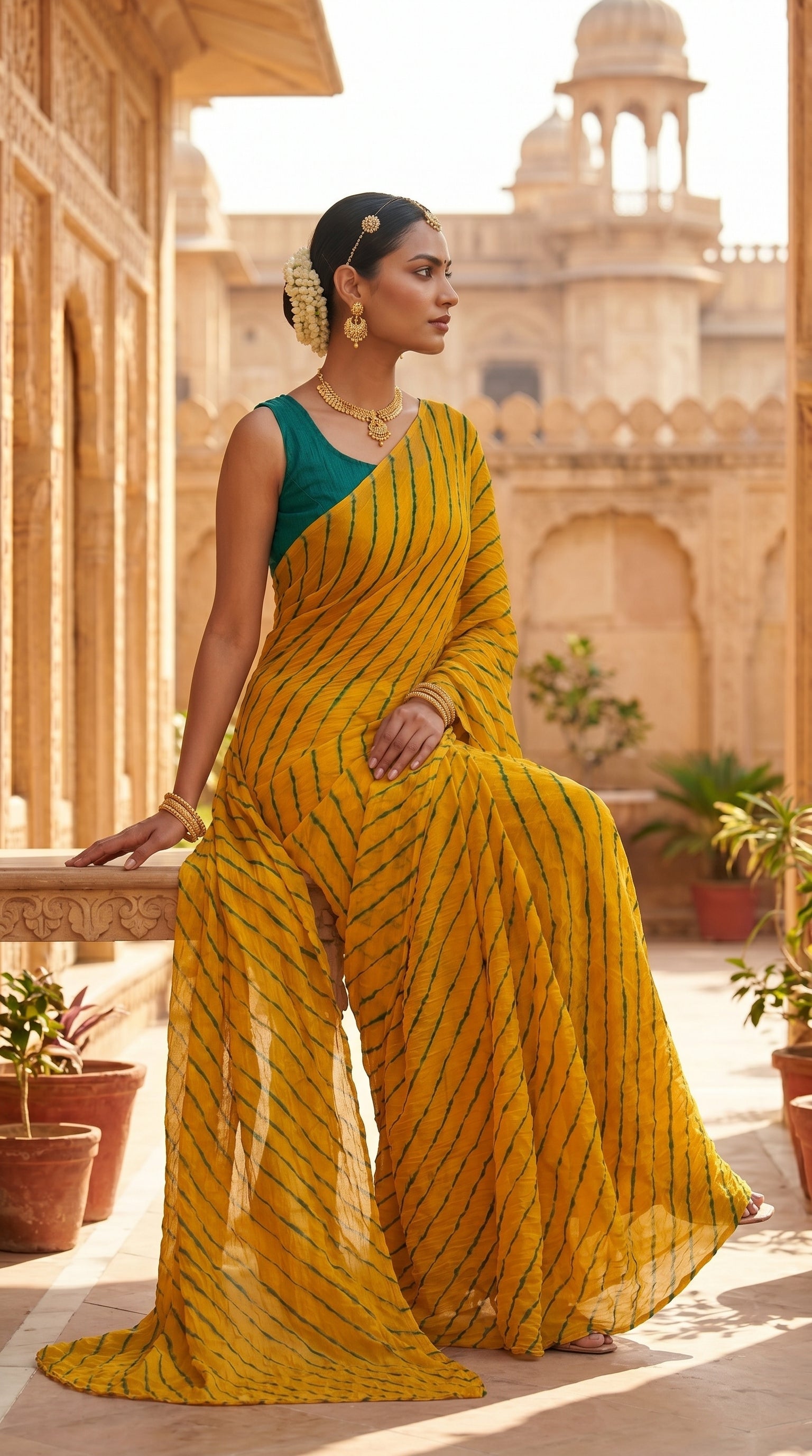 Marigold Yellow & Green Leheriya Chiffon Saree