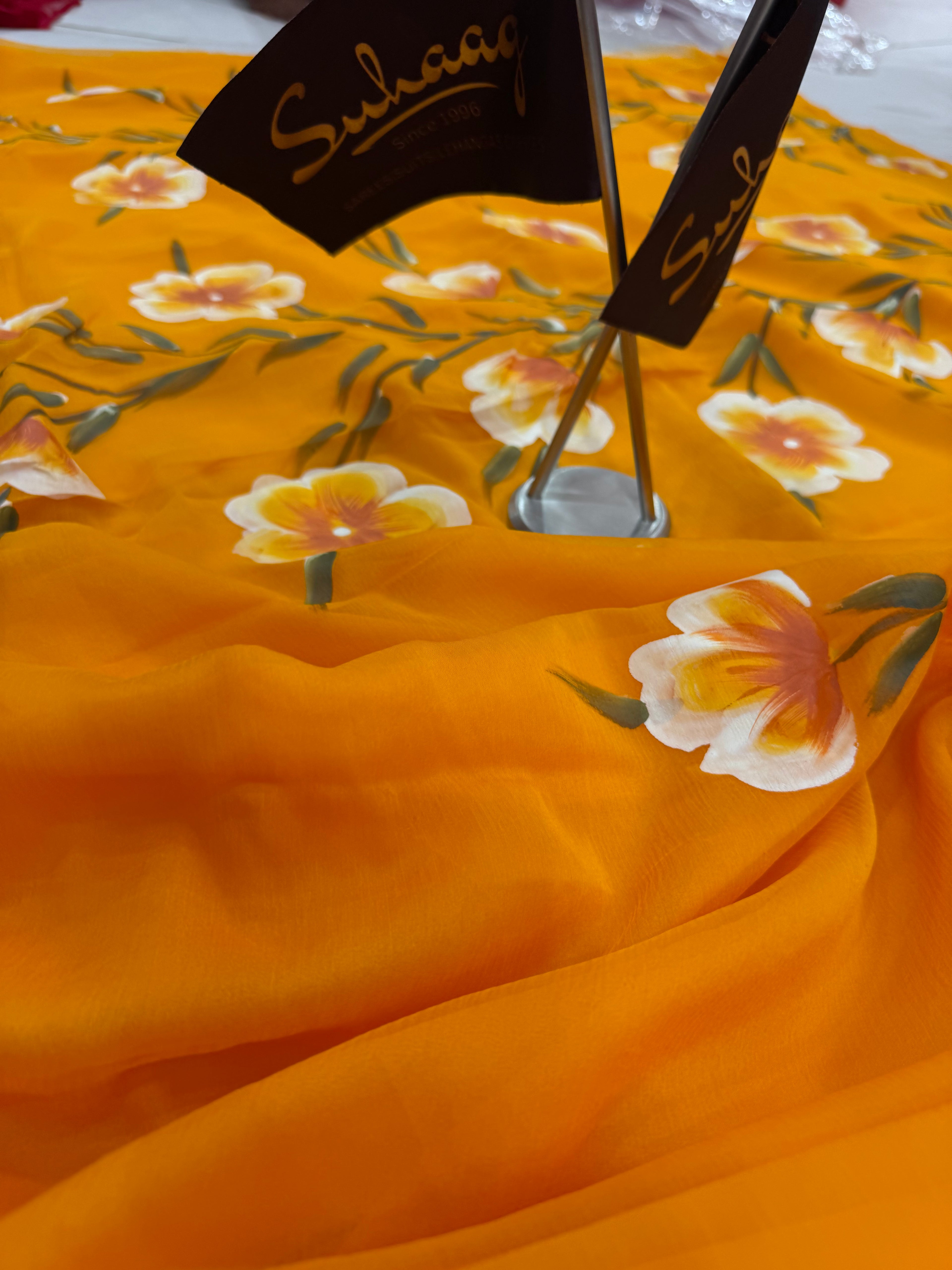 Pure Chiffon Hand Painted Saree | Mustard Tulip Floral Print