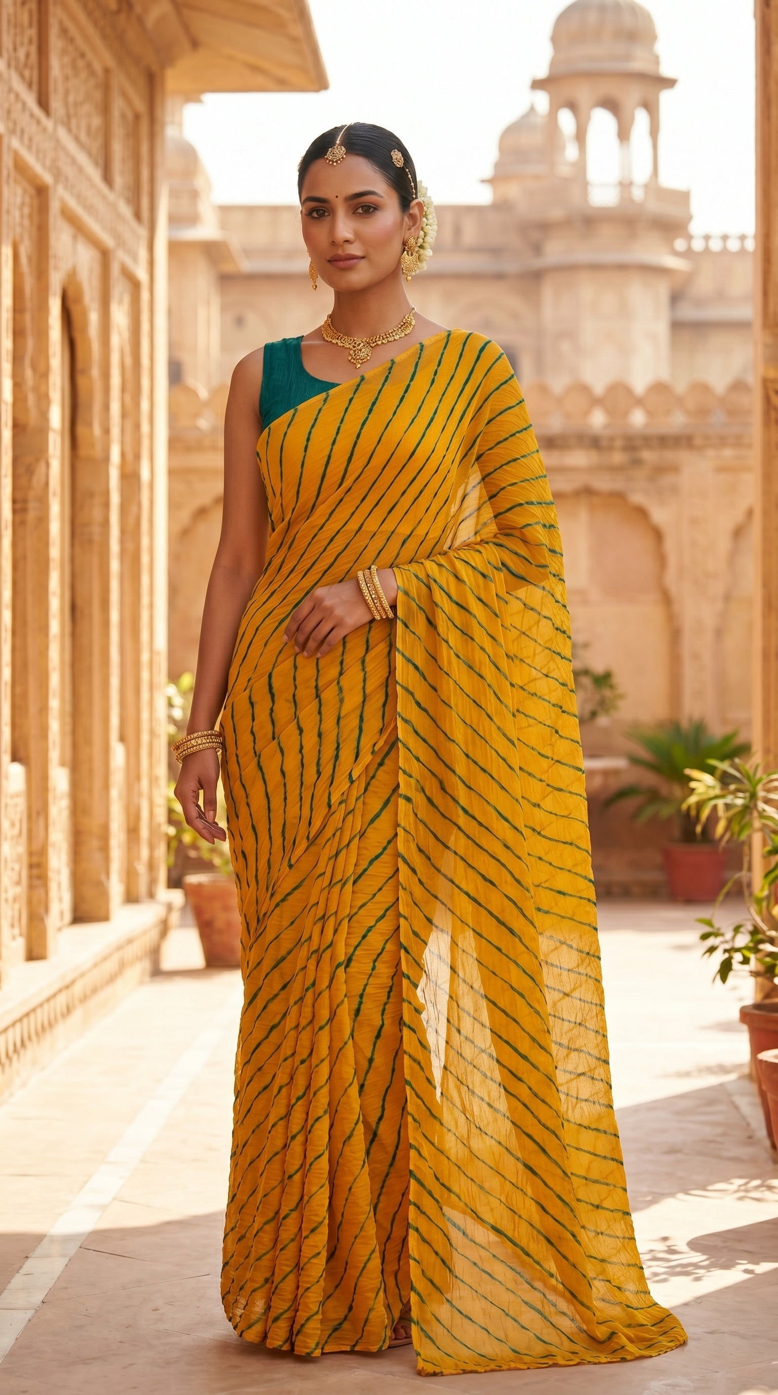 Marigold Yellow & Green Leheriya Chiffon Saree