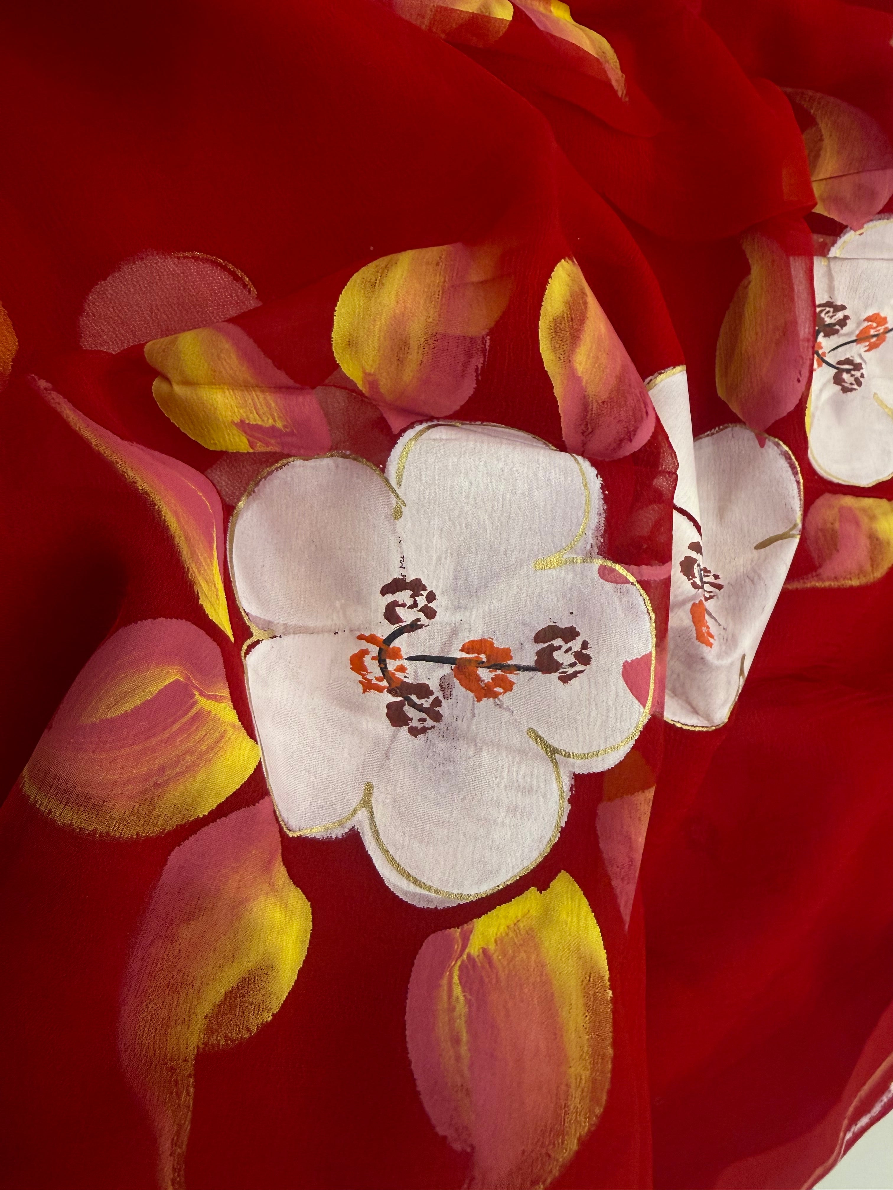 Pure Chiffon Hand Painted Saree | Red Orchid Floral Print