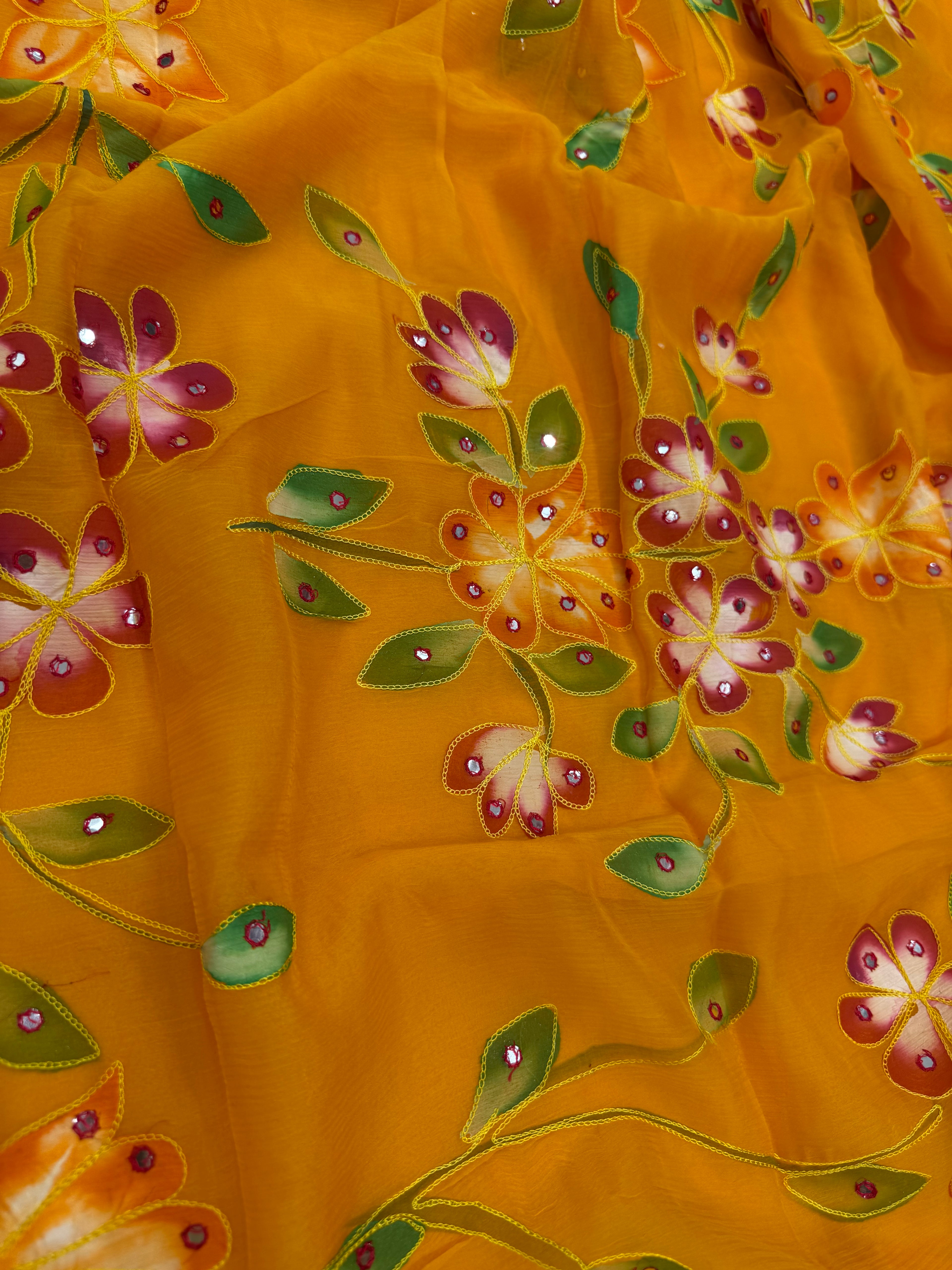 Pure Chiffon Hand Painted Saree | Mustard Rose Floral with Leaf Motifs
