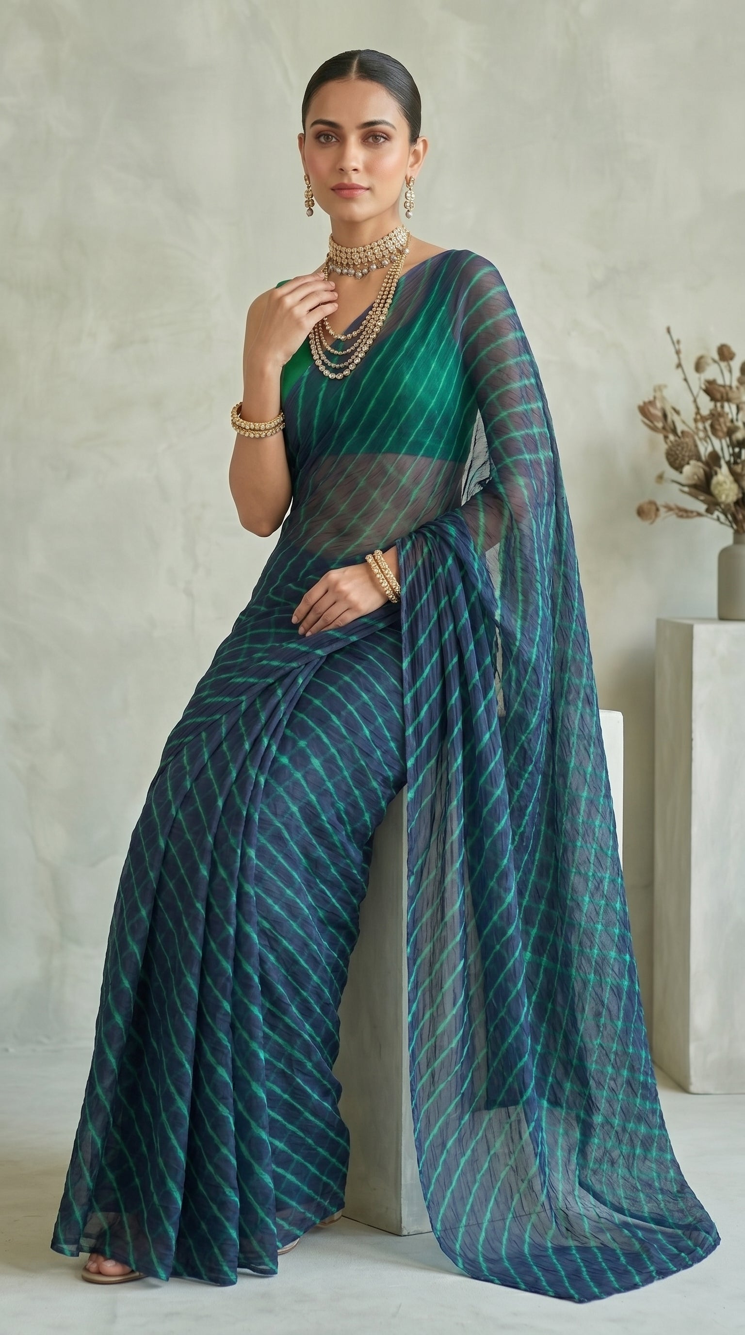 Navy Blue & Sea Green Leheriya Chiffon Saree