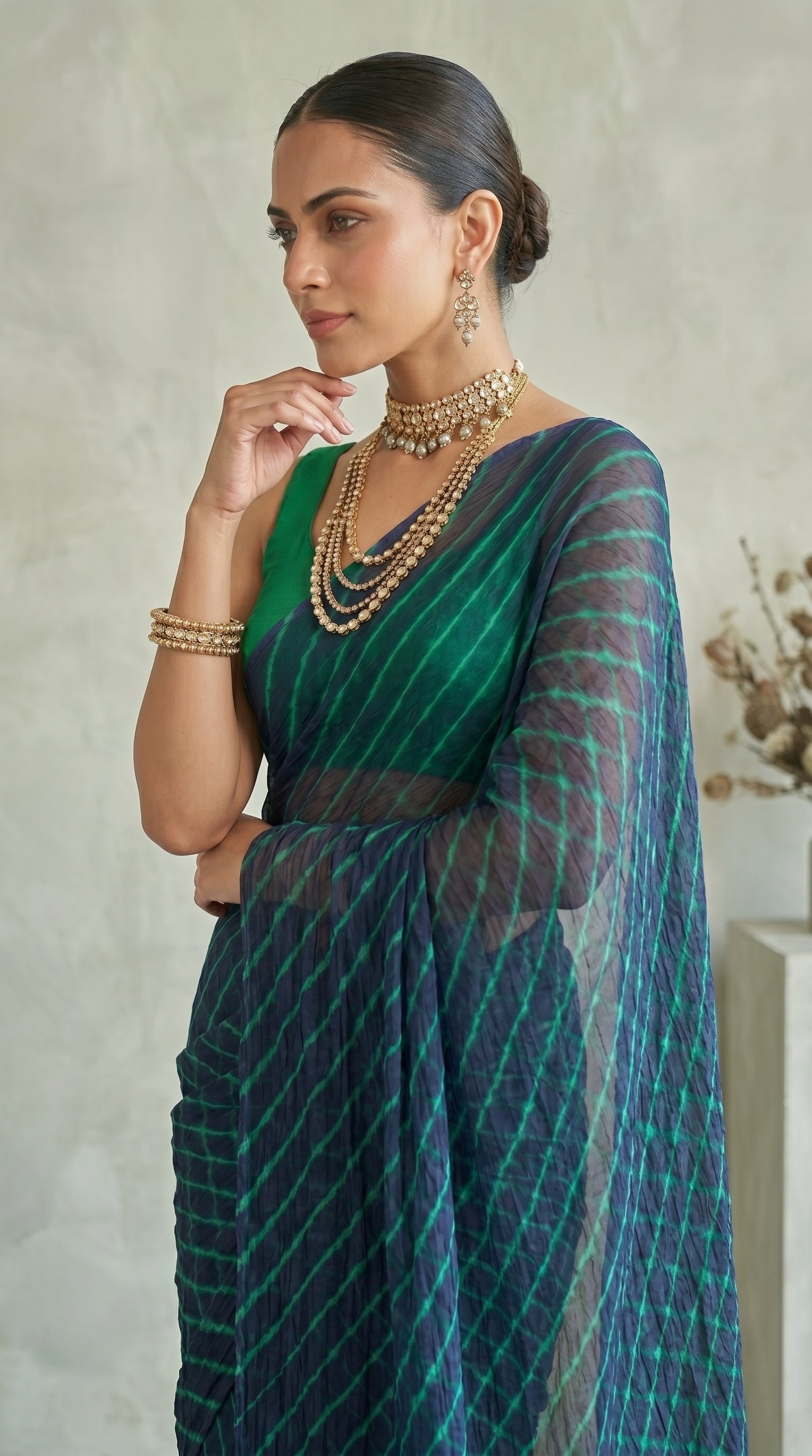 Navy Blue & Sea Green Leheriya Chiffon Saree
