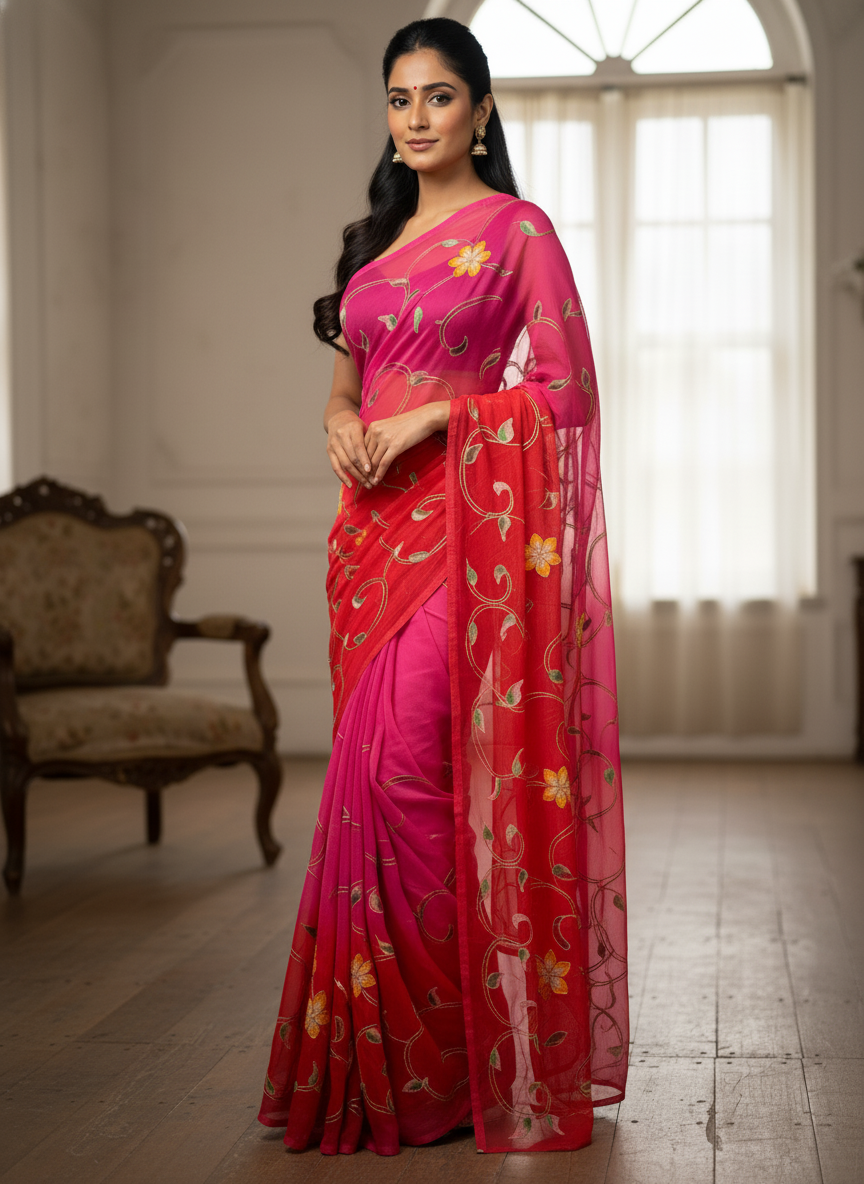 Pure Chiffon Hand Painted Saree | Red & Pink Ombre Embroidered Vine Floral