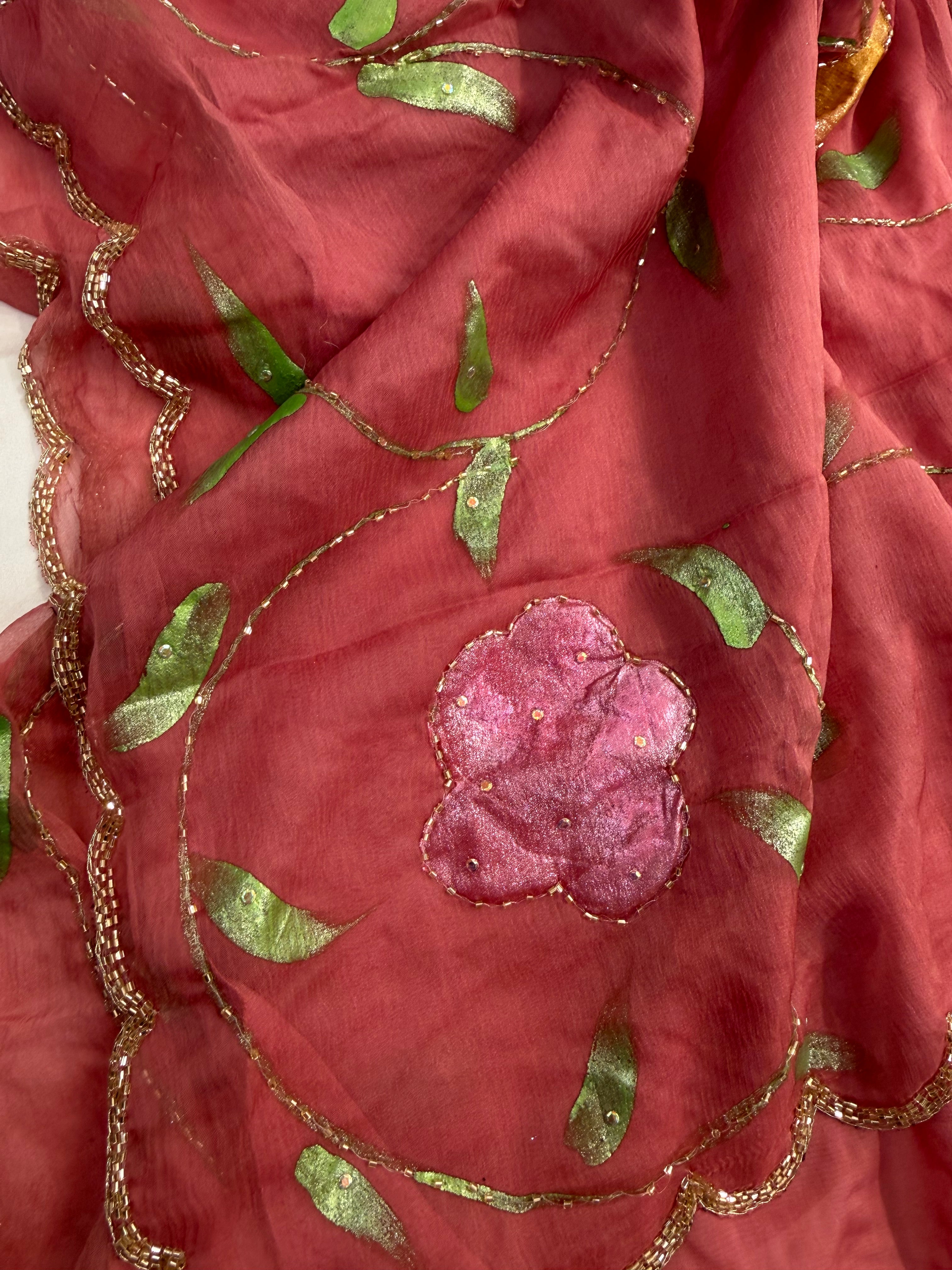 Pure Chiffon Hand Painted Saree – Dusty Rose Pink with Vines & Floral Motifs