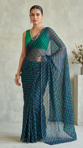 Navy Blue & Sea Green Leheriya Chiffon Saree