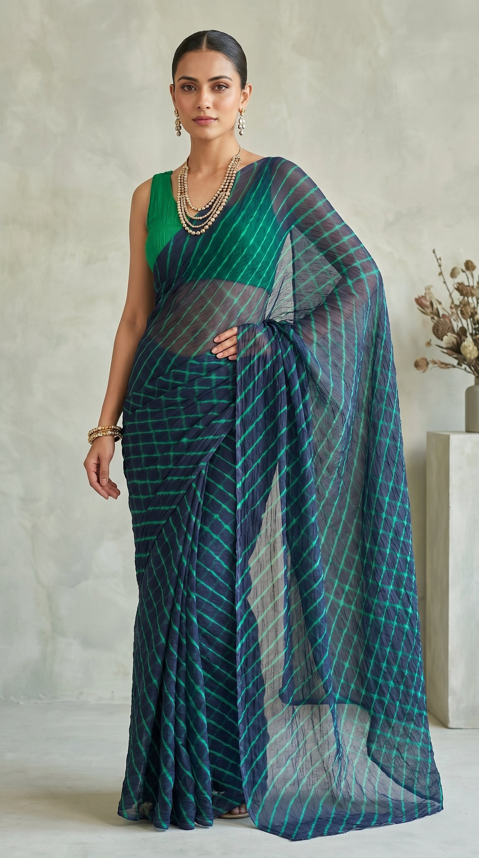 Navy Blue & Sea Green Leheriya Chiffon Saree