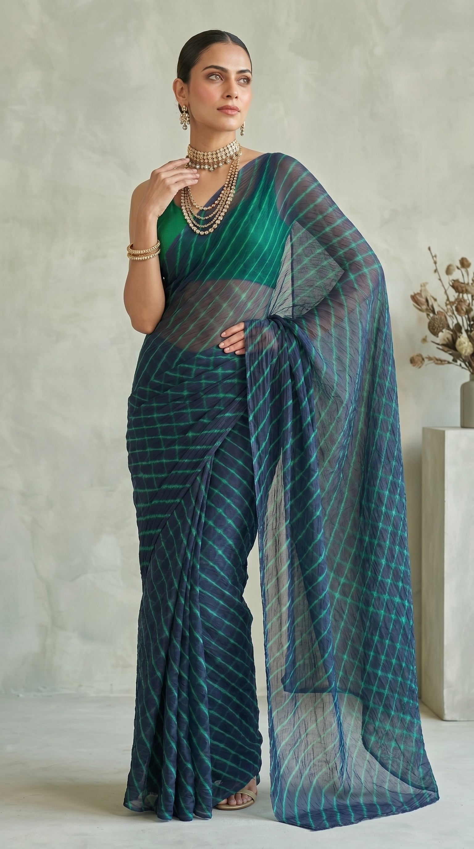 Navy Blue & Sea Green Leheriya Chiffon Saree