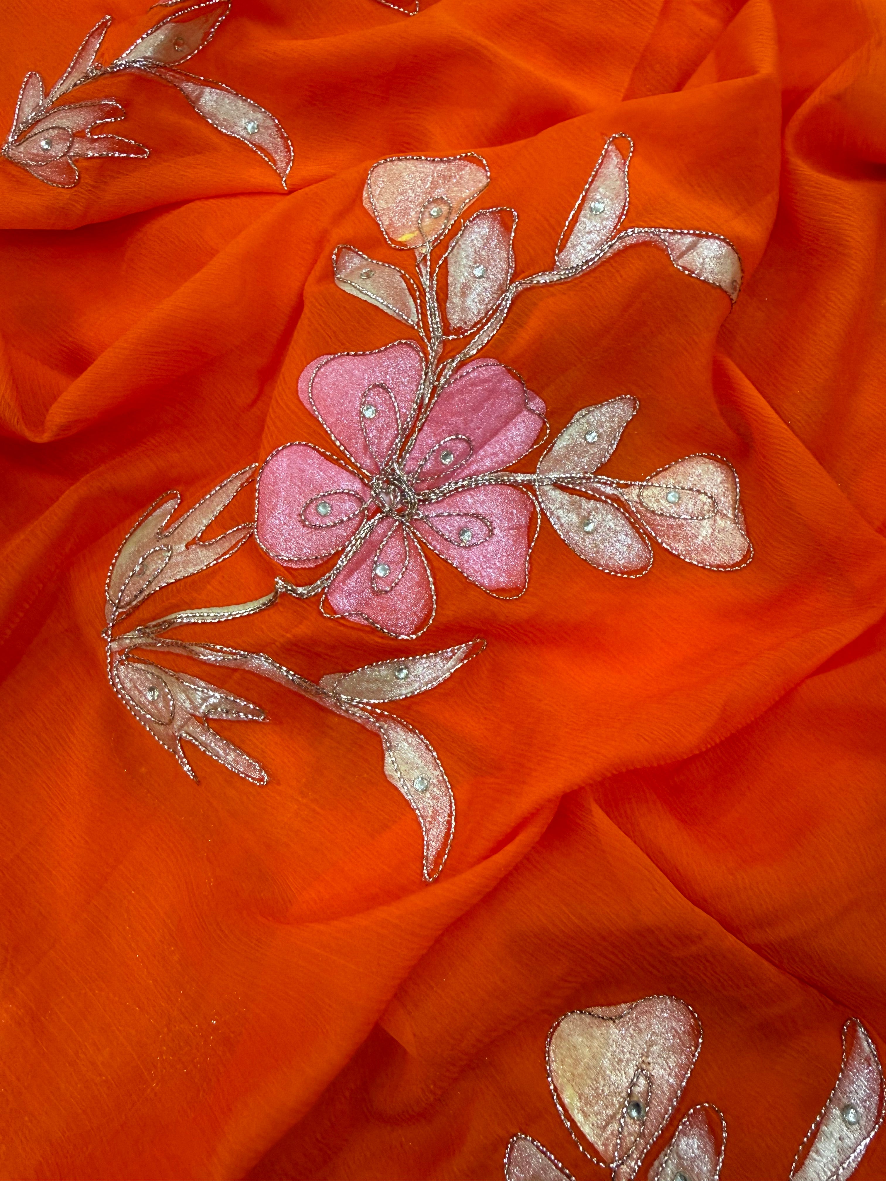 Pure Chiffon Hand Painted Saree – Vivid Orange with Pink Floral Embroidery
