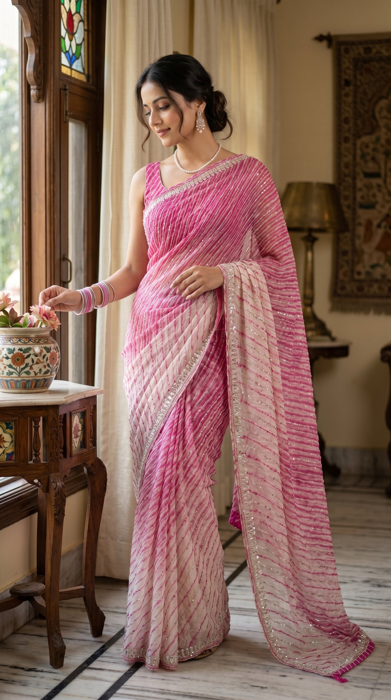 Pure Chinon Leheriya Saree – Pink Ombre Diagonal Stripes with Sequin Border
