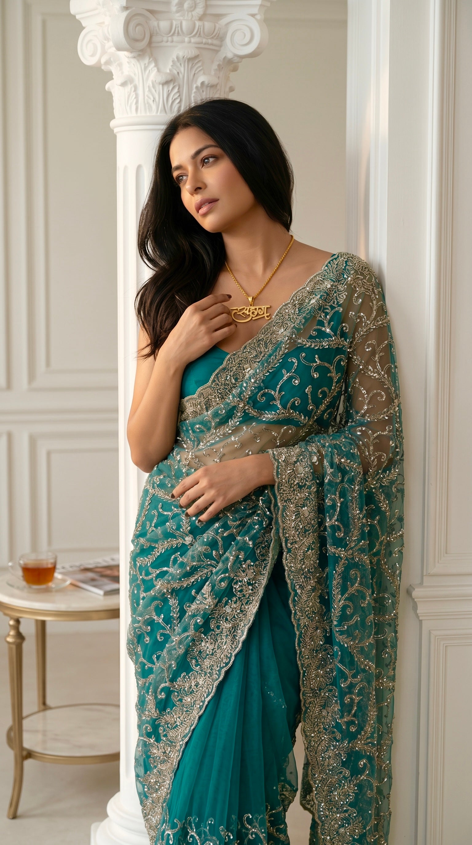 Teal Blue Gold Threadwork Net Saree