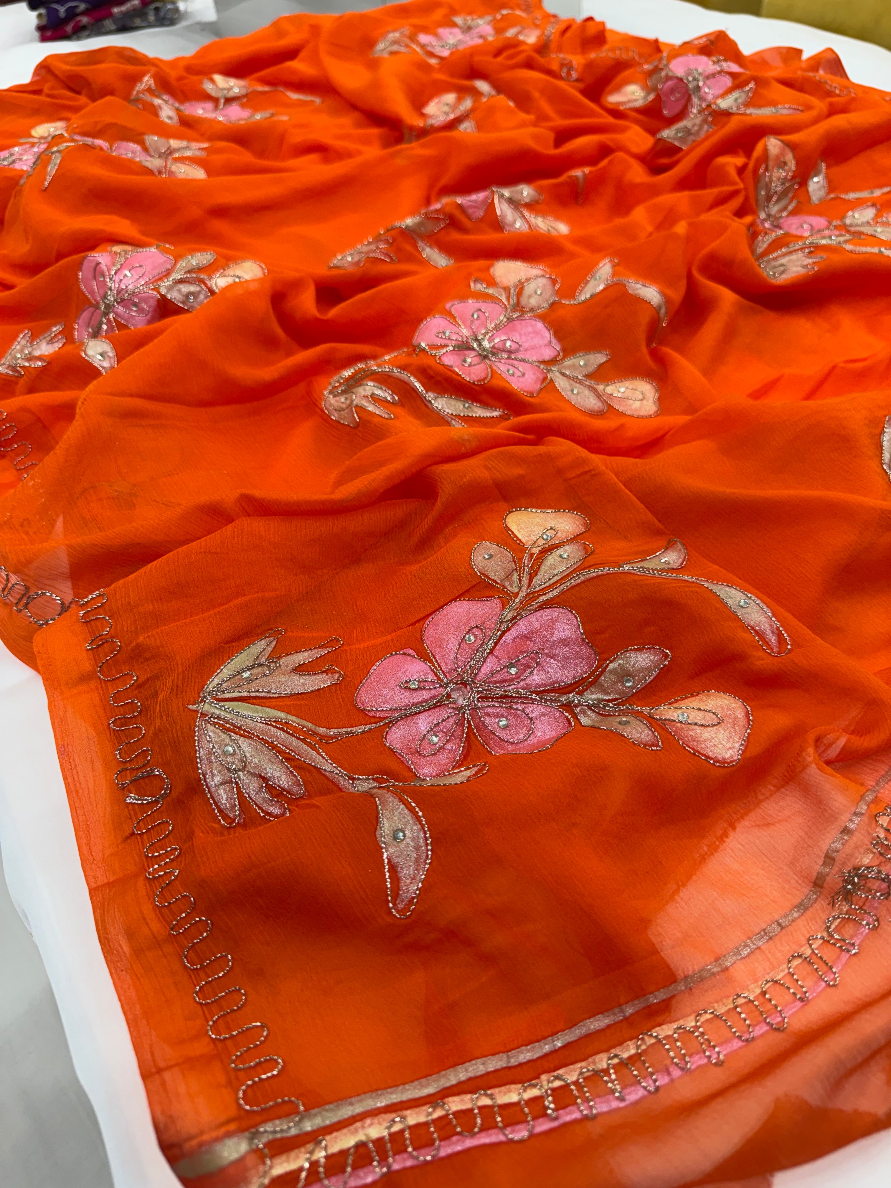Pure Chiffon Hand Painted Saree – Vivid Orange with Pink Floral Embroidery