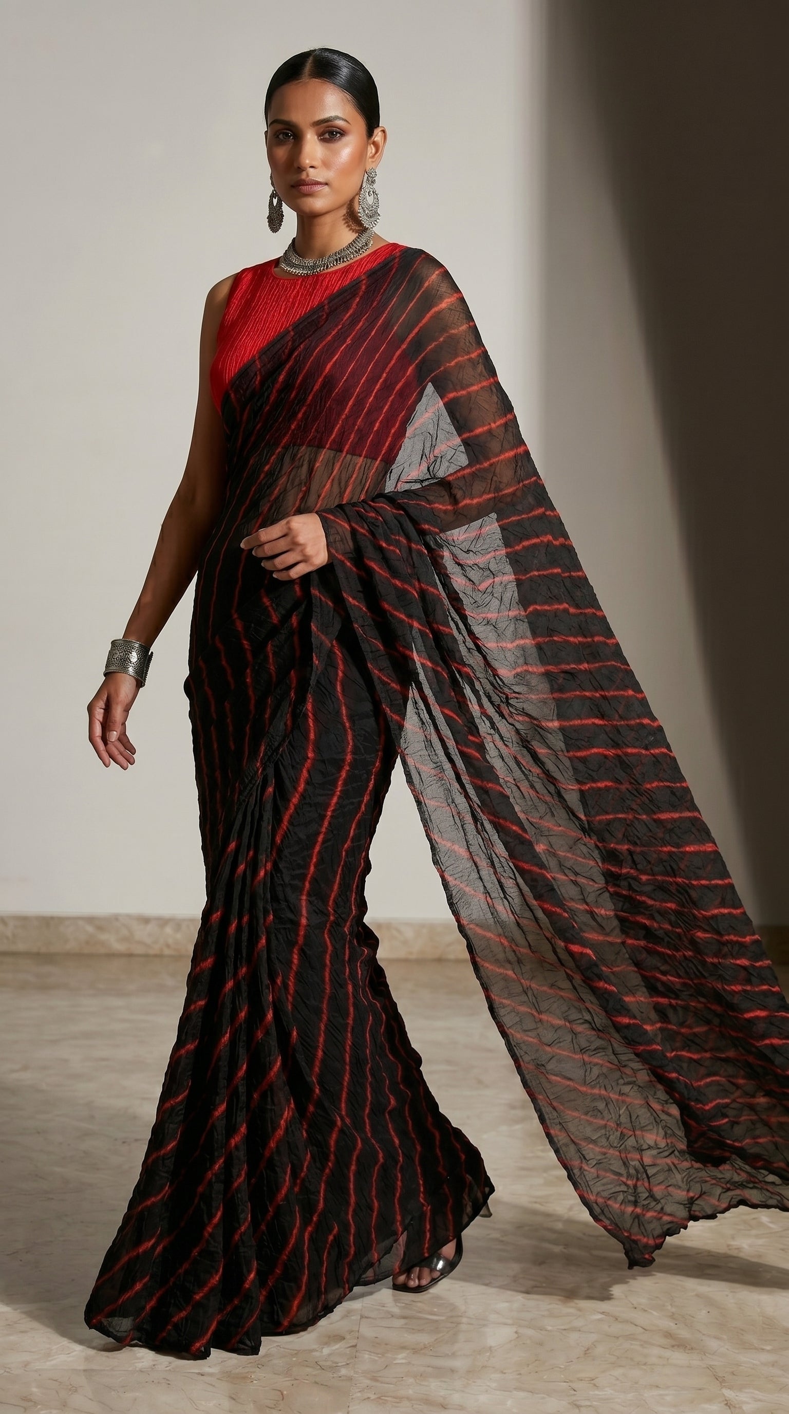 Black & Red Leheriya Chiffon Saree