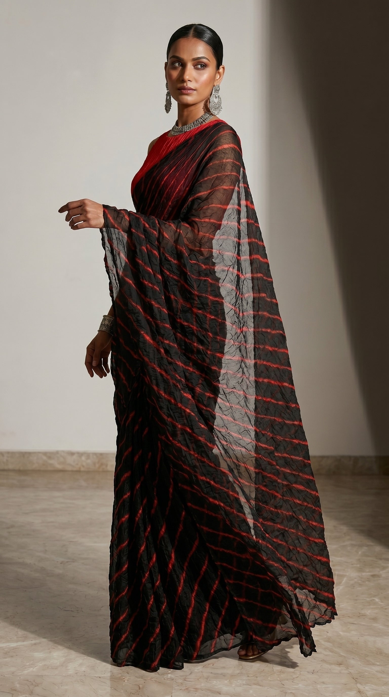 Black & Red Leheriya Chiffon Saree
