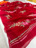 Pure Chiffon Hand Painted Saree – Crimson Red with Floral Embroidery