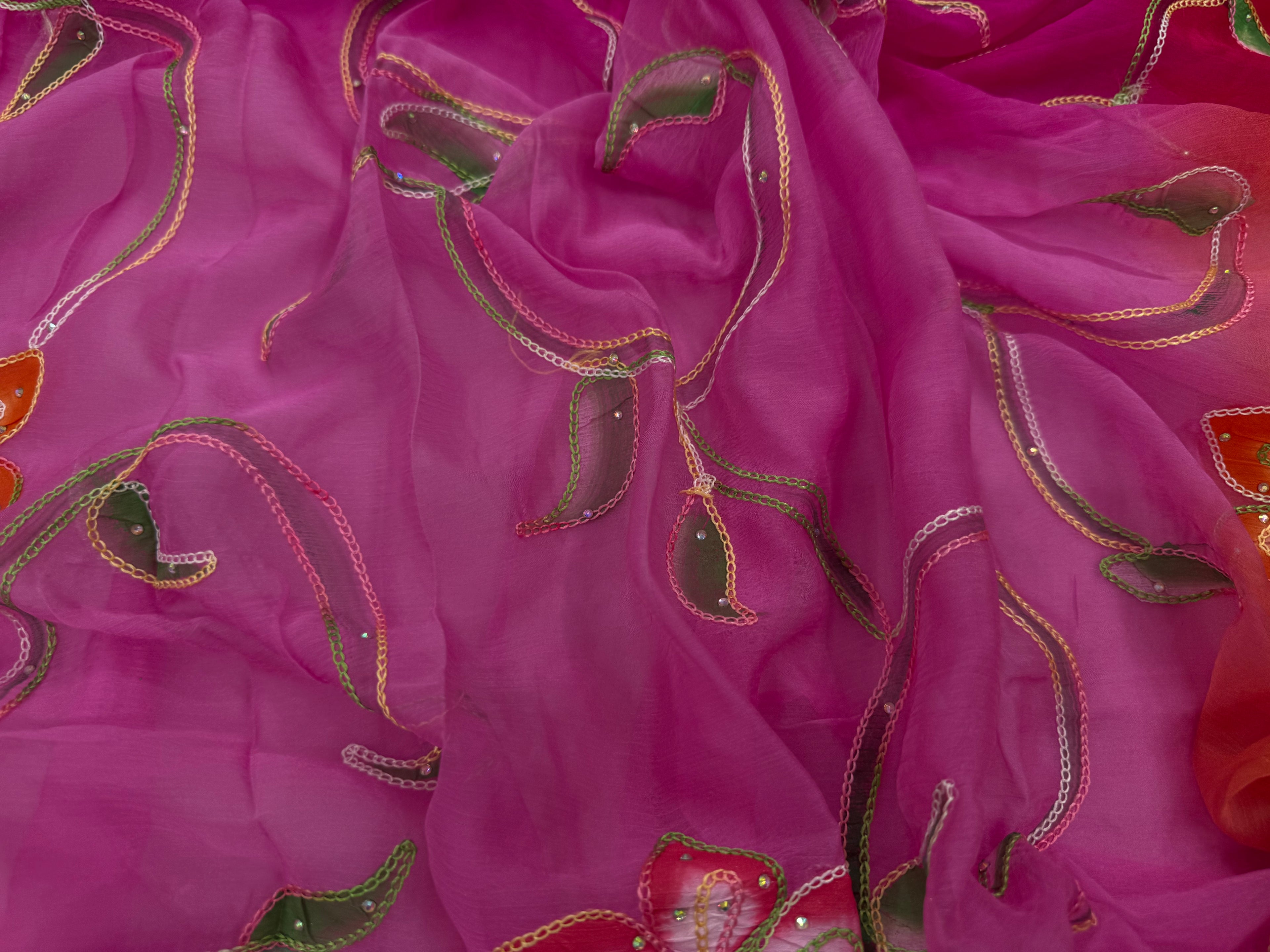 Pure Chiffon Hand Painted Saree | Magenta to Red Ombre Floral Embroidery