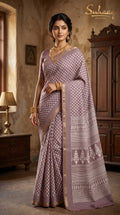 Dusty Mauve Buti Print Pure Cotton Saree with Gold Zari Border | Suhaag