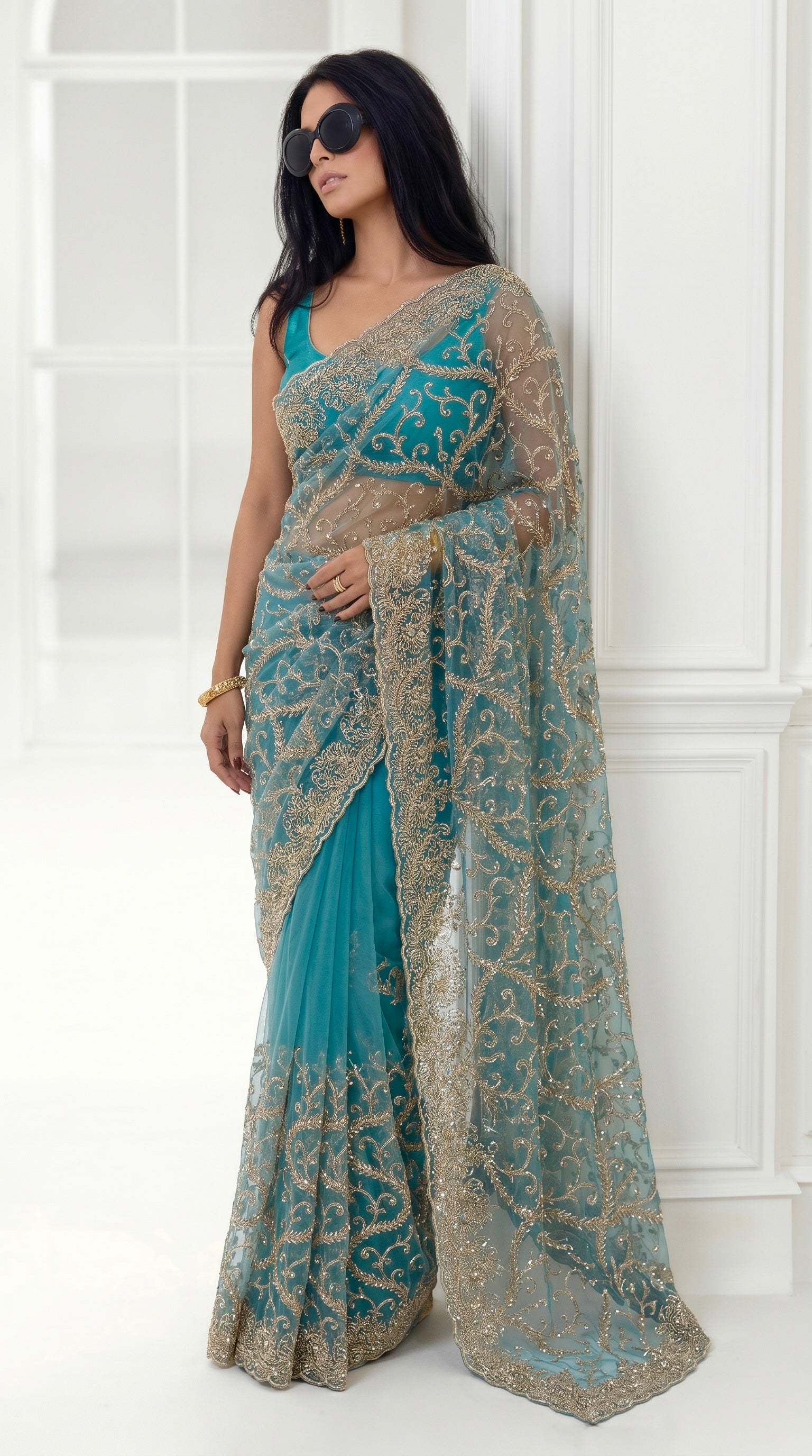 Teal Blue Gold Threadwork Net Saree