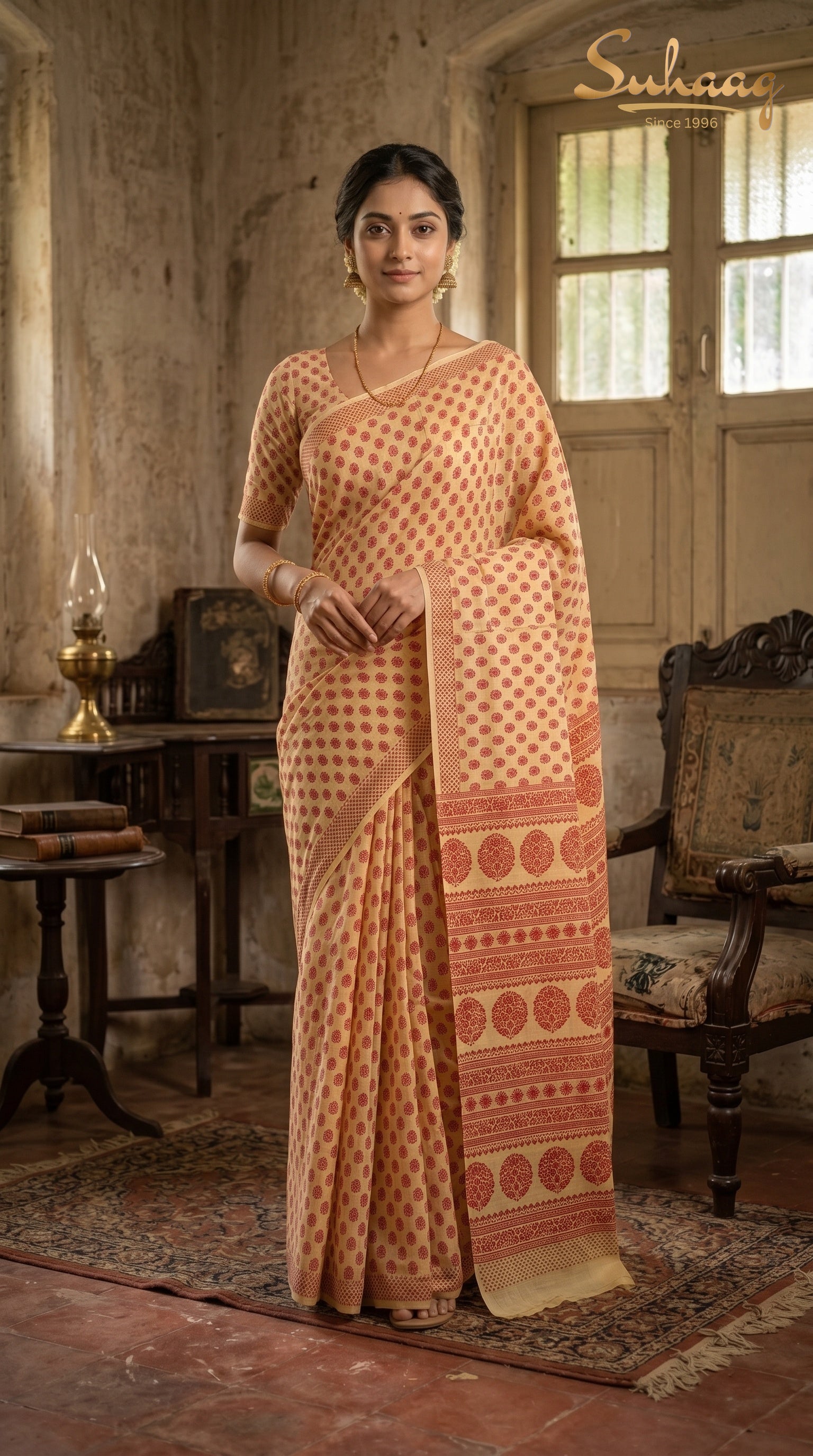 Cream & Red Floral Buti Pure Cotton Saree | Daily Wear Ethnic | Suhaag