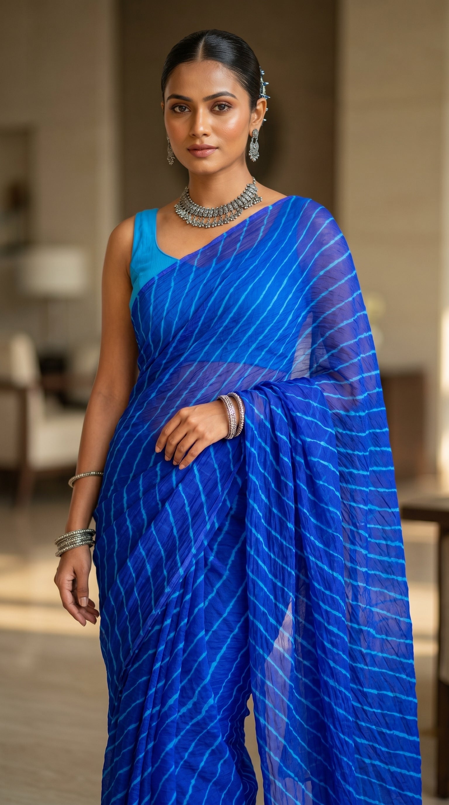 Sapphire Blue Leheriya Chiffon Saree