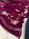 Pure Chiffon Hand Painted Saree | Wine Purple Floral with Gota Border