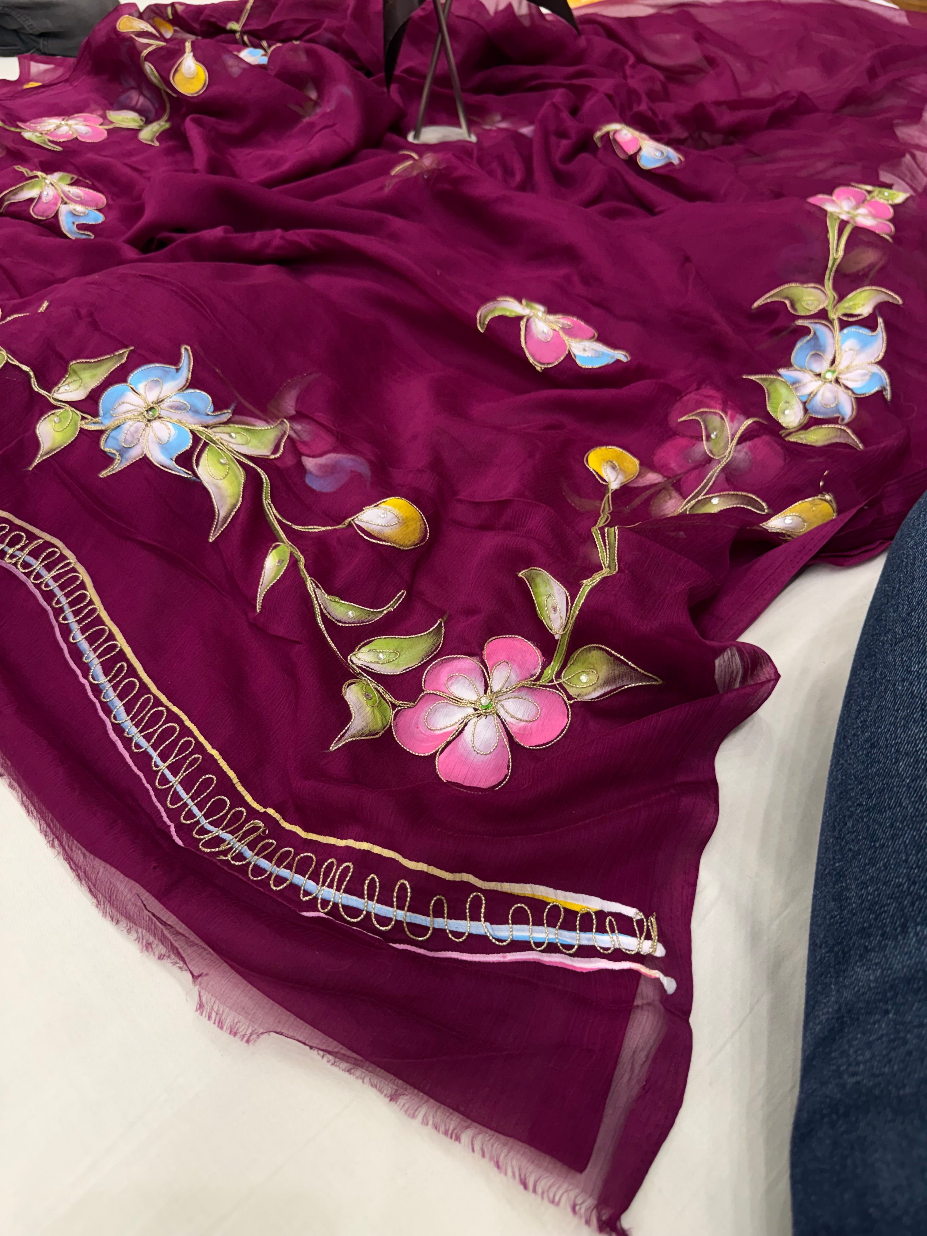 Pure Chiffon Hand Painted Saree | Wine Purple Floral with Gota Border